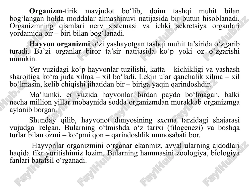 ing tana tuzilishi yaxshi o‘rganilmagan bo‘lsa ham, veterinariyaning dastlabki belgilari ko‘rina boshlagan. dinning taraqqiy etishi natijasida odam jasadini yorish man qilinishi anatomiya fanini rivojlantirishda katta qiyinchiliklar tug‘dirdi. shundan so‘ng gretsiya vrachlari hayvonlar tanasini yorib o‘rgana boshladilar. qadimgi yunon tabibi, faylasufi gippokrat (eramizdan oldingi 460 – 377 yillar) va uning shogirdlari skelet hamda ichki organlar to‘g‘risida ishonchli dalillar to‘pladilar, lekin organlarning funksiyasi haqida etarlicha ma’lumotga ega bo‘lmadilar. anatomiya fanining rivojlanishida qadimiy yuonistonning yirik olimi va faylasufi aristotel (384 - 322) katta rol o‘ynagan. u 50 ga yaqin hayvon turini solishtirib, ularning tashqi tuzilishini o‘rgandi, ilmiy asosda klassifikatsiyaladi. butun hayvonot dunyosini umurtqali va umurtqasizlar, tirik tug‘uvchilar, tuxum qo‘yuvchilar turkumiga bo‘ldi. aristotel qon tomirlari suyaklarni oziqlantiruvchi manba ekanligini, nervlarning paylardan farqini, yurak bilan qon tomirlarining o‘zaro munosabatini va boshqalarni aniqladi. shu davrda gerofil hayvon va odam anatomiyasini o‘rganib, o‘pka arteriyasini topdi, til osti suyagini, ko‘zning tuzilishini, miya qorinchalarini izohlab berdi. nerv sistemasining markazi …