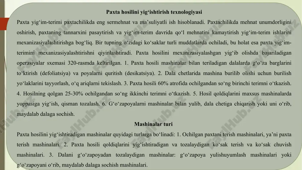 oralaridan o‘tkazadi. barabanlarning aylanma tezligi mashinaning ilgarilanma tezligidan 1,6 marta katta bo‘lganligi sababli g‘o‘za tuplari ish tirqishlaridan o‘tayotganda shoxlar egilmaydi va sinmaydi. siqish tsilindrining chiqiqlari shpindellar orasida joylashgan bo‘lib, xom, ochilmagan ko‘saklarning shpindellar orasiga kirishiga to‘sqinlik qiladi va ko‘saklarni uzilib ketishdan saqlaydi. barabanlar 6 ga o‘rnatilgan shpindellar 5, ularning rolikli qismiga qo‘zg‘almas qilib tashqaridan o‘rnatilgan ponasimon tasmalarga ishqalanib, barabanlar harakatiga teskari yo‘nalishda o‘z o‘qlari atrofida aylanma harakatga keltiriladi. shpindellar ish qismlari yuzasidagi tishlari vositasida ochilgan chanoqlardagi tolani o‘zlariga ilashtirib, o‘rab oladi. shpindellar ish tirqishida ham baraban bilan, ham ponasimon tasmalar orqali o‘z o‘qi atrofida aylanma barabanlar shpindellarni ish tirqishidan (terish zonasi) olib chiqib, unga teskari yo‘nalishda joylashgan ajratib olish zonasiga keltiradi. bu yerda shpindellar yana rolikli qismi bilan ichkaridan, ya’ni baraban o‘qi tomonidan teskariga aylantiruvchi kolodkalarga ishqalanib, o‘z o‘qi atrofida terish zonasidagiga nisbatan teskari yo‘nalishda harakatlanadi. bu ulardan paxtani ajratib olishni osonlashtiradi. bunda ajratkichlar 7 shpindellar aylanishi yo‘nalishi bo‘yicha undan …