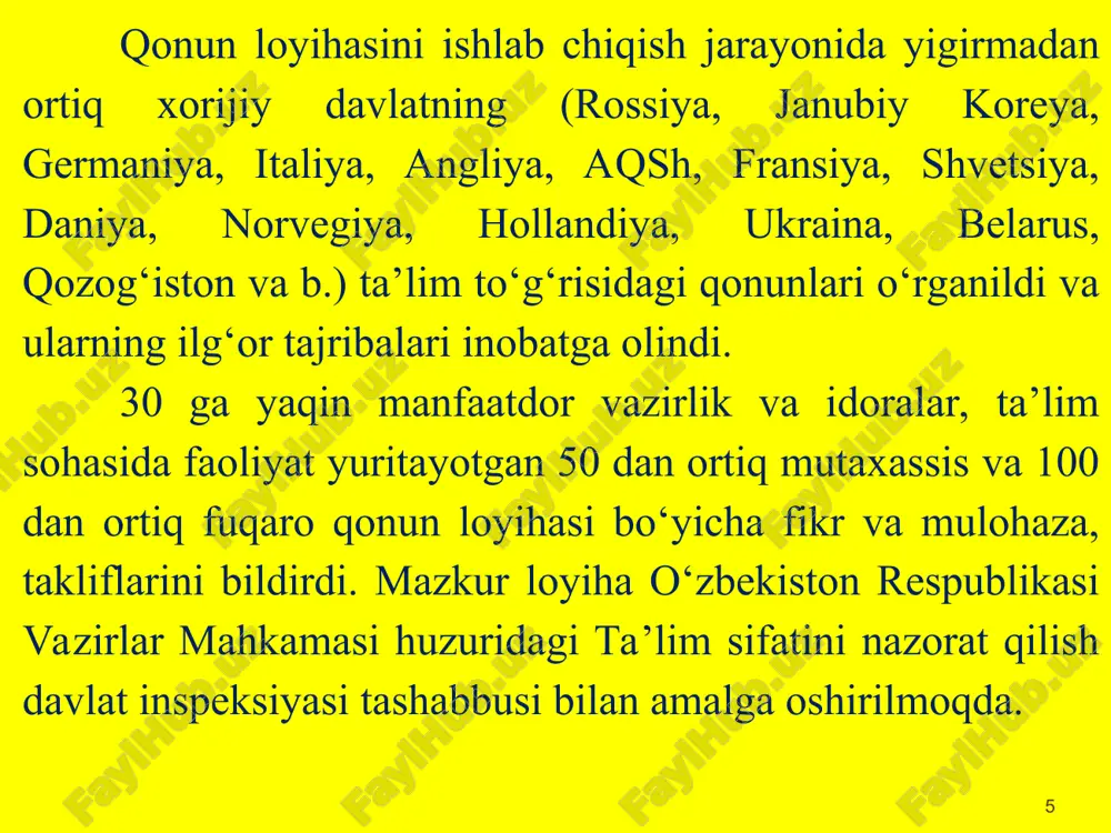 ofessional ta’lim (to‘qqiz yillik tayanch o‘rta va ikki yillik boshlang‘ich professional ta’lim) olgan shaxslar, shuningdek ushbu qonun kuchga kirguniga qadar o‘rta maxsus, kasb-hunar ta’limi (to‘qqiz yillik umumiy o‘rta va uch yillik o‘rta maxsus, kasb-hunar ta’limi) olgan shaxslar oliy ma’lumot olish huquqiga ega. * * oliy ta’lim ikki bosqichga — bakalavriat va magistratura bosqichiga ega. bakalavriat oliy ta’lim yo‘nalishlaridan biri bo‘yicha chuqurlashtirilgan bilim, malaka va ko‘nikmalar beradigan, o‘qish davomiyligi kamida uch yil bo‘lgan tayanch oliy ta’limdir. magistratura tegishli bakalavriat negizidagi aniq mutaxassislik bo‘yicha o‘qish davomiyligi kamida bir yil bo‘lgan oliy ta’limdir. magistratura mutaxassisliklarining va ularga muvofiq bo‘lgan bakalavriat ta’lim yo‘nalishlarining ro‘yxati ta’lim sohasidagi vakolatli davlat boshqaruvi organi tomonidan belgilanadi. fuqarolar shartnoma asosida ikkinchi va undan keyingi oliy ma’lumotni olish huquqiga ega. . * oliy ta’limdan keyingi ta’lim oliy ta’limdan keyingi ta’limni oliy ta’lim va ilmiy tashkilotlarda olish mumkin. oliy ta’limdan keyingi ta’lim doktorlik dissertatsiyasini tayyorlash va himoya qilish maqsadida mutaxassislikni chuqur …