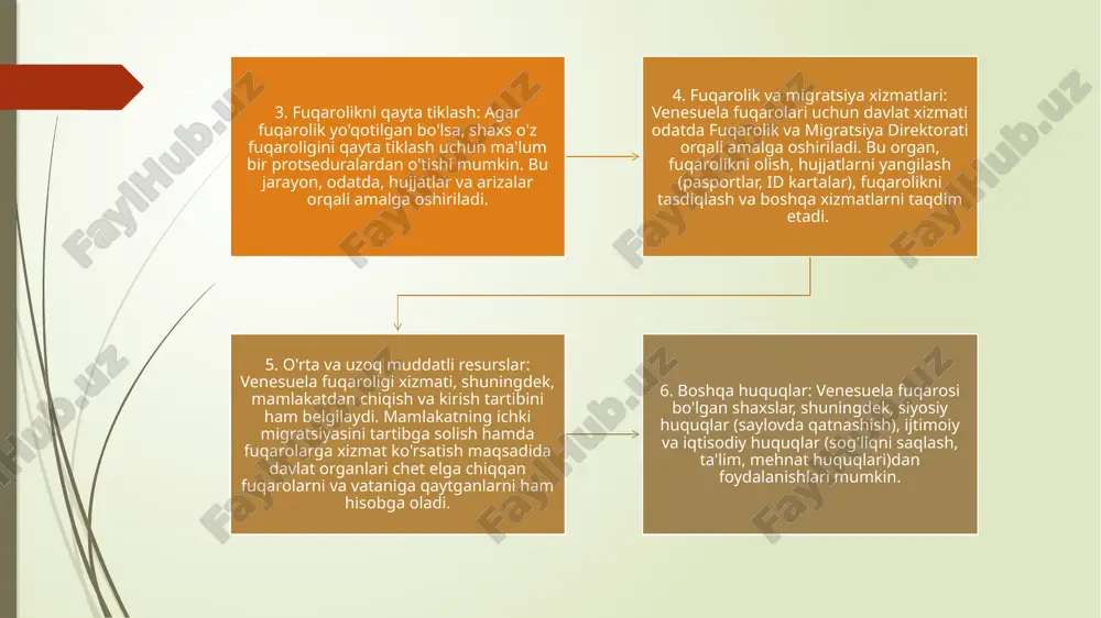 i o'z huquqlari va majburiyatlariga ega bo'lib, ular qonunlar va normativ hujjatlar orqali himoya qilinadi. davlat xizmatchilarining huquqlari, asosan, venesuela konstitutsiyasi, davlat fuqarolik xizmati to‘g‘risidagi qonunlar va boshqa tegishli normativ-huquqiy hujjatlar bilan belgilangan. quyida venesuela davlatida davlat xizmatchilarining huquqlari keltirilgan: 1. mehnat huquqlari: adolatli mehnat sharoitlari: davlat xizmatchilari o‘z ishlarida adolatli va teng sharoitlarga ega bo‘lishlari kerak. ular o‘z faoliyatlarini xavfsiz va sog‘lom mehnat sharoitlarida amalga oshirishlari kerak. ijtimoiy ta'minot: davlat xizmatchilari ijtimoiy ta'minot tizimidan foydalanish huquqiga ega bo‘lib, bu sog'liqni saqlash, pensiya, ta'til va boshqa ijtimoiy kafolatlarni o‘z ichiga oladi. mehnat haqi va ta'til: davlat xizmatchilari belgilangan mehnat haqi, ish vaqti va dam olish huquqlariga ega. ular qonun asosida ma'lum muddatli ta'til olish huquqiga ega. 2. kasbiy rivojlanish va ta'lim: ta'lim olish huquqi: davlat xizmatchilari o‘z bilim va ko‘nikmalarini oshirish uchun ta'lim olish huquqiga ega. ular kasbiy tayyorgarlik, malaka oshirish kurslari va boshqa ta'lim imkoniyatlaridan foydalanishlari mumkin. kasbiy rivojlanish …