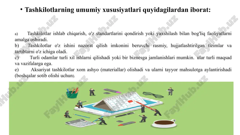 pital va korxonalarni birlashtirishlari mumkin. davlat sektori davlat sektori davlat va mahalliy hokimiyat organlariga tegishli va boshqariladigan barcha tashkilotlarni o'z ichiga oladi. quyida bir nechta misollar: harbiy muassasa hukumat idoralari aksariyat maktablar va universitetlar davlat sektori tashkilotlari turli maqsadlarga xizmat qiladi. • buyuk britaniya pensiya xizmati ijtimoiy ta'minot tizimining pensiyalar, nafaqalar va pensiya ma'lumotlari bilan bog'liq qismini boshqaradi. • pochta bo'limi ijtimoiy funktsiyaga ega bo'lsa-da, pochta xizmatlaridan foyda oladi. kooperativlar - bu o'z xodimlari yoki mijozlariga tegishli bo'lgan foydani bo'lishadigan korxonalar. uning xususiyatlari quyidagicha: • ochiq aʼzolik • demokratik nazorat (bir a'zo, bitta ovoz) • ortiqcha miqdorni xaridlarga mutanosib ravishda taqsimlash • ta'limni rag'batlantirish aksiyadorlik jamiyati nima ? aksiyadorlar jamiyati — daromad topish maqsadida hissadorlik tamoyiliga binoan uyushgan sherikchilik jamiyati. aksiyadorlar jamiyati boshqa sherikchilik korxonasidan farqliroq, muomalaga nominal qiymati koʻrsatilgan aksiyalar chiqarish va uni sotish yoʻli bilan tarqatish bunday jamiyatning moliyaviy negizini tashkil etadi. aksiya egalari dividend shaklida daromad oladilar. …