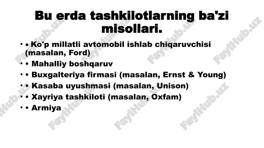 b aktsiyadorlarga ega. • ular moslashuvchan faoliyat olib boradilar, vaziyatga qarab kapital va korxonalarni birlashtirishlari mumkin. kamchiliklari davlat sektori davlat sektori davlat va mahalliy hokimiyat organlariga tegishli va boshqariladigan barcha tashkilotlarni o'z ichiga oladi. quyida bir nechta misollar: harbiy muassasa hukumat idoralari aksariyat maktablar va universitetlar davlat sektori tashkilotlari turli maqsadlarga xizmat qiladi. • buyuk britaniya pensiya xizmati ijtimoiy ta'minot tizimining pensiyalar, nafaqalar va pensiya ma'lumotlari bilan bog'liq qismini boshqaradi. • pochta bo'limi ijtimoiy funktsiyaga ega bo'lsa-da, pochta xizmatlaridan foyda oladi. kooperativlar - bu o'z xodimlari yoki mijozlariga tegishli bo'lgan foydani bo'lishadigan korxonalar. uning xususiyatlari quyidagicha: • ochiq aʼzolik • demokratik nazorat (bir a'zo, bitta ovoz) • ortiqcha miqdorni xaridlarga mutanosib ravishda taqsimlash • ta'limni rag'batlantirish aksiyadorlik jamiyati nima ? aksiyadorlar jamiyati — daromad topish maqsadida hissadorlik tamoyiliga binoan uyushgan sherikchilik jamiyati. aksiyadorlar jamiyati boshqa sherikchilik korxonasidan farqliroq, muomalaga nominal qiymati koʻrsatilgan aksiyalar chiqarish va uni sotish yoʻli bilan tarqatish …