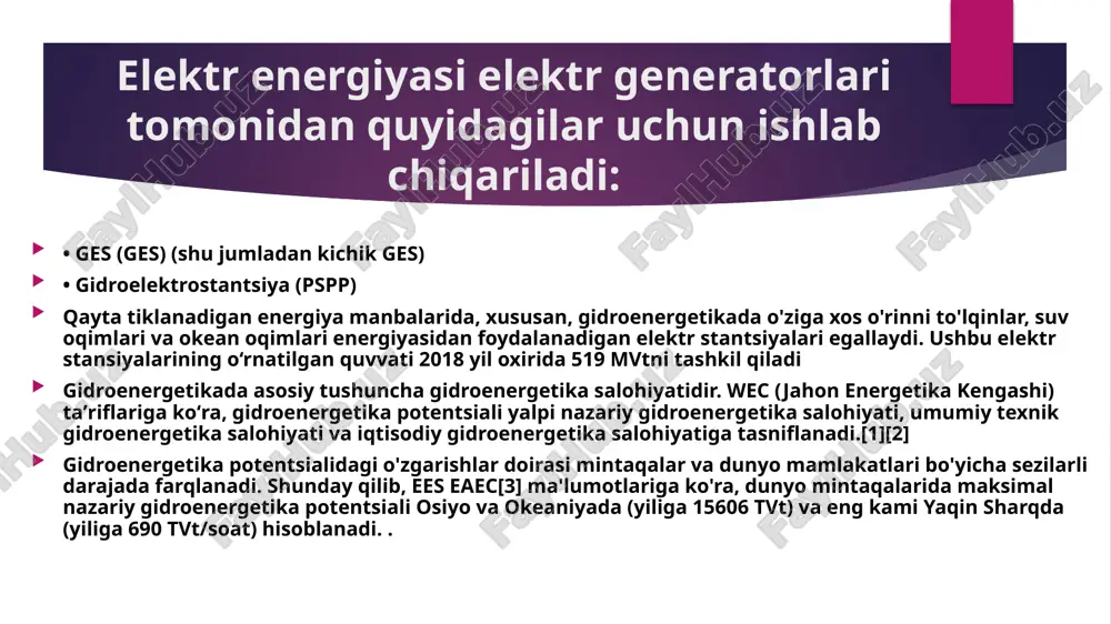 g o‘rnatilgan quvvatlarining turlari bo‘yicha tarkibi, % faqat 1992 yildan 2018 yilgacha bo'lgan davrda dunyo elektr stansiyasining o'rnatilgan quvvati tarkibida sezilarli o'zgarishlar ro'y berdi (keyingi o'rinlarda dunyo 179 davlatni o'z ichiga oladi). gidroenergetikaning ulushi, jumladan, ges (ges) va nasosli akkumulyator elektr stansiyalari (pspp) 1992 yildagi 23,3 foizdan (659,3 gvt) 2018 yil oxirida 18,0 foizga (1283,4 gvt) kamaydi. 1878 yilda ingliz uilyam armstrong o'zining san'at galereyasidagi yagona elektr boshq chiroqni quvvatlantirish uchun elektr energiyasi ishlab chiqarish uchun birinchi marta gidroenergetikadan foydalangan. birinchi elektr stansiyasi 1882 yilda aqshning viskonsin shtati, appleton shahridagi foks daryosida ishga tushirilgan. besh yil o'tgach, aqsh va kanadada allaqachon 45 ta, 1889 yilga kelib esa 200 ta gidroelektr stantsiyalari mavjud edi [9]. nazorat savollari: 1.gidroenergetika o’zi nima? 2.eng kata ges qaysi? 3. gidrosaqlash stansiyalarini tushuntirib bering. 4. afzalliklari va kamchiliklarini aytib bering. 5.qirg‘izistondagi eng yirik gesining nomi nima? 6.qachon gidroenergetika dunyoda qayta tiklanadigan energiyaning 41% gacha va barcha …