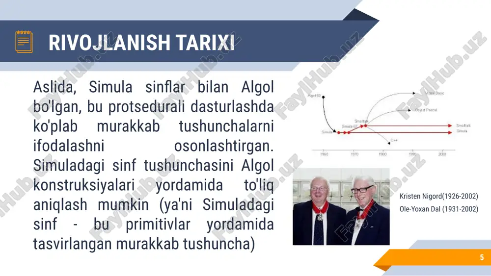 qilib, hatto eng kichik to'g'rilash ham butun dasturda qator o'zgarishlarni sodir bo'lishiga olib kelar edi. protseduraviy va obyektga mo’ljallangan dasturlash 17 modulli dasturlashda, masalan, modula2 kabi tilda protsedurali dasturlashda topilgan ayrim kamchiliklarni bartaraf etishga urinib ko'rildi. modulli dasturlash dasturni bir necha tarkibiy bo’laklarga, yoki, boshqacha qilib aytganda, modullarga bo'lib tashlaydi. agar protsedurali dasturlash ma'lumotlar va jarayonlarm bo'lib tashlasa, modulli dasturlash, undan farqli o‘laroq, ularni birlashtiradi. modul ma’lumotlarning o'zidan hamda ma’lumotlarga ishlov beradigan protseduralardan iborat. dasturning boshqa qismlariga moduldan foydalanish kerak bo’lib qolsa, ular modul interfeysiga murojaat etadi. modullar barcha ichki axborotni dasturning boshqa qismlarida yashiradi. protseduraviy va obyektga mo’ljallangan dasturlash 18 biroq modulli dasturlash ham kamchiliklardan holi emas. modullar kengaymas bo'ladi, bu degani kodga bevosita kirishsiz hamda uni to’g’ridan to’g'ri o’zgartirmay turib modulni qadam-baqadam o'zgartirish mumkin emas. bundan tashqari, bitta modulni ishlab chiqishda, uning funksiyalarini boshqasiga o'tkazmay (delegat qilmay) turib boshqasidan foydalanib bo’lmaydi. yana garchi modulda turni belgilab bo’lsa-da, bir …