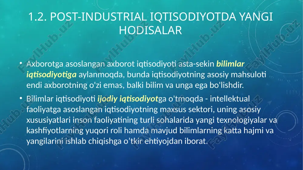 lar bo'yicha ortda qolmoqda, huawei indeksida mos ravishda 23 va 41 o'rinlarni egallab turibdi. 1.5. raqamli iqtisodiyot va iqtisodiy o’sish. 2018 yilgi hisobotda ta'kidlanganidek, agar barcha davlatlar akt infratuzilmasiga sarmoyalarini har yili 8 foizga ko'paytirsa, 2025 yilga kelib bu 23 trillion dollarga teng yangi iqtisodiy potentsialni yaratadi. akt infratuzilmasiga kapitalquyilmalarni har yili ko’paytirish boshqa sohalarda o’sishga olib kelishi mumkin: bugungi kunda akt infratuzilmasiga kiritilgan har bir qo'shimcha dollar 2025 yilda 20 dollarni tashkil qilishi mumkin, bu esa boshqa investitsiyalar shaklidan 6,7 baravar ko'pdir. huawei va oxford economics tomonidan olib borilgan tadqiqotlar shuni ko'rsatadiki, indeksning 1 foiz darajaga o'sishi raqobatbardoshlikni 2,1 foizga o'sishi, milliy innovatsiyalarning 2,2 foizga o'sishi va samaradorlikning 2,3 foizga o'sishi bilan tengdir. shunday qilib, global ulanish indeksi indeksining o’sishi iqtisodiy rivojlanish bilan bevosita bog'liqdir. xulosa raqamli iqtisodiyot mustaqil hodisa bo'lib, u , akt rivojlanishining alohida sohalari bilan uzviy bog'liq bo’lgan zamonaviy global iqtisodiyotning boshqa tushunchalaridan ajratilgan. raqamli iqtisodiyotning …