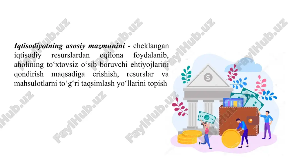 rib, ularni mehnat hamda cheklangan resurslarni tejash ruhida tarbiyalaydi. iqtisodiy qonunlar va kategoriyalar (ilmiy tushunchalar) iqtisodiyot nazariyasi fani iqtisodiy munosabatlarda amal qiladigan iqtisodiy qonunlarni ham o‘rganadi. iqtisodiy qonun – iqtisodiy hayotning turli tomonlari, iqtisodiy hodisa va jarayonlar o‘rtasidagi doimiy, takrorlanib turadigan, barqaror sabab-oqibat aloqalarini, ularning o‘zaro bog‘liqligini ifodalaydi. «iqtisodiyot nazariyasi» fani iqtisodiy qonunlarni quyidagi guruhlarga turkumlaydi: 1. umumiy iqtisodiy qonunlar – kishilik jamiyati rivojlanishining barcha bosqichlarida amal qiladi. masalan, vaqtni tejash qonuni, ehtiyojlarning tez o‘sib borish qonuni, takror ishlab chiqarish qonuni, ishlab chiqarish munosabatlarining ishlab chiqaruvchi kuchlar xususiyati va rivojlanish darajasi mos kelishi qonuni va boshqalar. 2. xususiy yoki davriy iqtisodiy qonunlar – insoniyat jamiyati taraqqiyotining ma’lum bosqichlarida amal qiladi. masalan, talab qonuni, taklif qonuni va qiymat qonuni. 3. maxsus, o‘ziga xos iqtisodiy qonunlar – alohida olingan iqtisodiy tizim sharoitida amal qiladi. masalan, qo‘shimcha qiymat qonuni. iqtisodiyot nazariyasi fanining predmeti va vazifalari iqtisodiyot nazariyasi fanining predmetini aniqlashga oid masalaning yechimi …