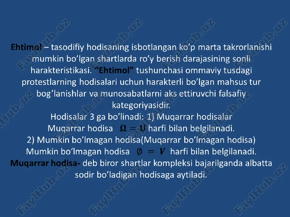 ifida – sinashlar haqiqattan o’tkazilganligi talab qilinmaydi. statistik ta’rifida esa sinash aslinda o’tkazilganligi talab qilinadi. . ehtimolning geometrik ta’rifi bu yerda va sohalar uzunlik, yuza, hajm va boshqa o’lchov birliklari bo‘lishi mumkin. tekshirish uchun savollar: elementar hodisalar fazosi va to‘plamlar orasidagi bog‘lanishlarni tushuntiring ehtimolning klassik, statistik, geometrik ta’riflarini aytib ularning bir-biridan farqini tushuntiring? ehtimolni aksiomatik ta’rifi, ehtimollar fazosi haqida tushuncha bering? kombinatorika elimentlari. a) o’rinlashtirish, b) o’rin almashtirish, c ) gruppalash formulalarini yozib, misollar yeching. 4. qishloq xo’jaligiga qo’llanishiga doir misollar misol-1. tajribalardan aniqlandiki, har 15 dona pilladan 2 tasi sifatsiz. tavakkaliga olingan 5 ta pilladan 3 tasi sifatli bo‘lish ehtimolini toping. misol-2. ekishga tayyorlangan 22 ta ko‘chatdan 2 tasi yaroqsiz. ulardan tavakkaliga 4 tasi olinganda 3 tasini yaroqli ko‘chat bo‘lish ehtimolini toping. misol-3. 2000 dona ekilgan chigitdan 1980 tasi unib chiqqan bo‘lsa, chigitni unuvchanligi necha foizni tashkil etadi? misol-4. ikki o‘rtoq a va b soat 10 va 11 oraligida …