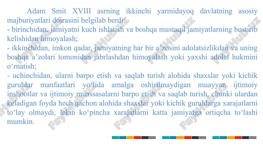 lanadi: - iqtisodiy prognozlashtirish, ya’ni iqtisodiyot va uning tarkibiy sohalarining istiqboldagi ahvolini, holatini oldindan ko‘ra bilish, ularning istiqbolini belgilash; - mamlakat iqtisodiyoti rivojlanishining indikativ rejasini tuzish; - davlat organlari bo‘yicha manzilli rejalarni ishlab chiqish va amalga oshirish; - xo‘jalik subyektlariga bilvosita, ya’ni iqtisodiy dastaklar orqali ta’sir etish dastak(richag)larini qo‘llash; - mamlakatni ijtimoiy-iqtisodiy rivojlantirishning ustuvor vazifalarini hal etish bo‘yicha maqsadli dasturlar ishlab chiqish va amalga oshirish thank you insert the subtitle of your presentation image1.jpg image11.jpg image3.jpg image4.jpg image2.jpg /docprops/thumbnail.jpeg