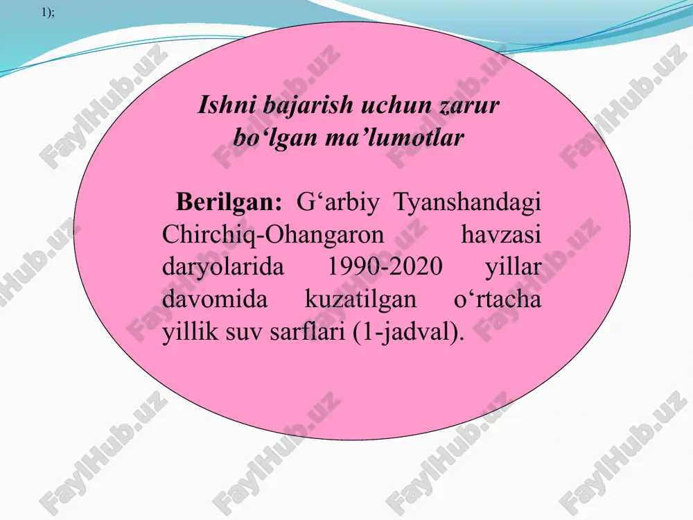 suv sarflarining qiymatlari quyiladi. namuna 1- rasmda keltirilgan. 3. o‘rtacha yillik yig‘indi suv sarflarining ekstremal qiymatlarini aniqlash va hisob yillarini tanlash. hisob davridagi o‘rtacha yillik yig‘indi suv sarflarining ekstremal, ya’ni eng katta, eng kichik va o‘rtacha qiymatlari 1-jadvaldan aniqlanadi. ana shu qiymatlar asosida ularga mos yoki yaqin keladigan suv sarflari kuzatilgan yillar hisob yillari sifatida tanlanadi (2- jadval). 2-jadval. o‘rtacha yillik yig‘indi suv sarflarining ekstremal qiymatlari va tanlangan hisob yillari yig‘indi suv sarflari miqdori, m 3 /sek kuzatilgan yil q max 465,1 2018 q min 142,9 2013 q o‘rt 247,1 2017 4. tanlangan hisob yillari bo‘yicha yillik oqim hajmini, oqim modulini va oqim qalinligini hisoblash. hisoblashlar quyidagi tartibda amalga oshiriladi: 1) tanlangan hisob yillariga tegishli oqim hajmlarini hisoblash: w max =q max · t = 465,1 m 3 /sek · 31,54 ·10 6 sek =14,67 km 3 . oqim hajmining eng kichik(w min ) va o‘rtacha(w o‘rt ) qiymatlari ham …