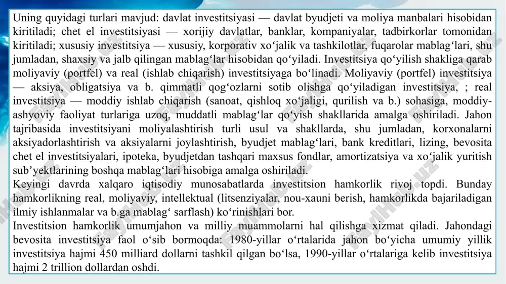 sh, ularni asosli holda safarbar etish, rikslar darajasini hisobga olgan holda kapital qiymatini saqlash va ko'zlangan samarani olishdan iborat bo'ladi”. boshqacha aytganda, investitsiyalar – mulkchilikning har xil ko'rinishlaridagi moddiy, moliyaviy va nomoddiy boyliklarni iqtisodiy – ijtimoiy daromad olish maqsadida muomalaga kiritishdir. investitsiyalarning mo'ljallangan ob'ektiga ko'ra turlari kapital investitsiyalar moliyaviy investitsiyalar ijtimoiy investitsiyalar asosiy fondlarni yaratish va takror ko'paytirishga, shu jumladan yangi qurilishga, modernizatsiya qilishga, rekonstruktsiya qilishga, texnik jihatdan qayta jihozlashga, shuningdek moddiy ishlab chiqarishning boshqa shakllarini rivojlantirishga kiritiladigan investitsiyalar kapital investitsiyalar jumlasiga kiradi. aktsiyalar, korporativ, infratuzilmaviy va davlat obligatsiyalariga, shuningdek qimmatli qog'ozlarning boshqa turlariga kiritiladigan investitsiyalar moliyaviy investitsiyalar jumlasiga kiradi inson salohiyatini, ko'nikmalarini va ishlab chiqarish tajribasini rivojlantirishga, shuningdek nomoddiy boyliklarning boshqa shakllarini rivojlantirishga kiritiladigan investitsiyalar ijtimoiy investitsiyalar jumlasiga kiradi. investitsiyalarni amalga oshirish shakllari quyidagilardan iborat kontsessiyalarni olish, shu jumladan tabiiy resurslarni qidirish, o'zlashtirish, qazib olish yoki ulardan foydalanishga doir kontsessiyalarni olish, shuningdek mahsulot taqsimotiga oid bitimlarda ishtirok etish o'zbekiston …