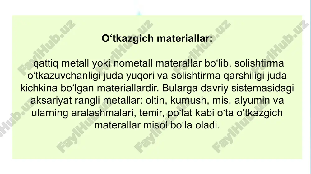 ribalarga suyanib baho berilganda tarkibida erkin elektronlarning mavjudligi sababli metallar boshqa kattiq materiallarga nisbatan yuqori elektr va issiqlik o‘tkazish xususiyatiga egadir. cho‘yanning tuzulishini misol keltirish mumkin (1.10 – rasm). kristall panjaralar qattiq jismlarda atom va molekulalar geometrik tartib bilan yoki tartibsiz joylashgan. shu sababli jismlar tarkibidagi molekula va atomlar geometrik tartib bilan joylashsa kristall yoki molekula va atomlar (xaotik) tartibsiz joylashsa amorf jismlar deyiladi. kristall jismlar mexanik jihatdan mustahkam bo‘lib tarkibidagi atom va molekulalar kovalent va ion bog‘langandir. amorf jismlar tarkibida joylashgan molekula va atomlar tartibsiz joylashgan bo‘lib, ularning mexanik va issiqlik mustahkamligi yuqori emas. bularga parafin va shunga o‘xshash materiallarni misol qilish mumkin. jismning molekulyar tuzulishi kristall panjaralarning joylashuviga bog‘liq. ko‘pchilik bir valentli metallar geksogonal yoki kub shaklidagi kristallik panjarasiga ega. umuman olganda kristall panjaralarni quyidagi turlarga bo‘lish mumkin: a - triklidli; b – monoklidli; v – romb shakllik; g – romb edrik; d – tetragonalli; e – geksogonalli; …