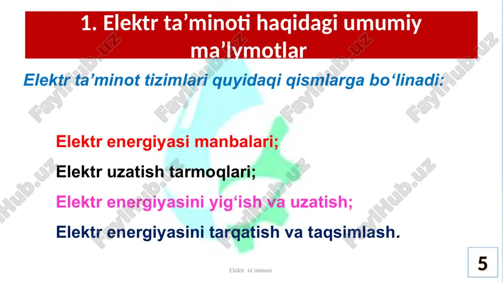 ator punktlaridan va kuchlanishi 10, 6, 380 v li elektr tarmoqlaridan foydalaniladi. elektr tarmoqlarida ochiq a, as, ps, sipelektr o‘tkazgichlar ishlatiladi. bu yerda: a – alyuminiy; as – alyuminiy po‘lat(stal), ps –po‘lat simli; sip – izolyatsiyalangan o‘tkazgichlar tizimi (samonesushiy izolirovanniy provod) 33 elektr ta’minoni kuchlanishi 6/04 kv tp va hl kuchlanishi 10/04 kv tp va hl 34 elektr ta’minoni adabiyotlar: 1. toshpo'latov n.t. – «suv xo'jaligida elektr ta'mnoti» darslik. toshkent, tiqxmmi 2019 y.-451 b. 2. i.a. budzko, n.m. zul-«elektrosnabjenie selskogo xozyaystva» moskva, kolos 2005 g. – 496 s. 3. donald l, basham p.e. - elektrical pover sypply and distribution. ufc-3-550-03fa, usa 2005. 4. e.a. kireev. elektrosnabjenie i elektrooborudovanie tsexov promishlennix predpriyatiy. moskva. knorus. 2011 g. 368 s. 6. i.a. budzko, yu.v. gessen, m.s. levin - «elektrosnabjenie selskoxozyaystvennix predpriyatiy i naslennix punktov» m. kolos 2011 g.-256 s. 7. «pribori i sredstva diagnostiki elektrooborudovaniya i izmereniy v sistemax elektrosnabjeniya» spravochnoe posobie. pod.red. …