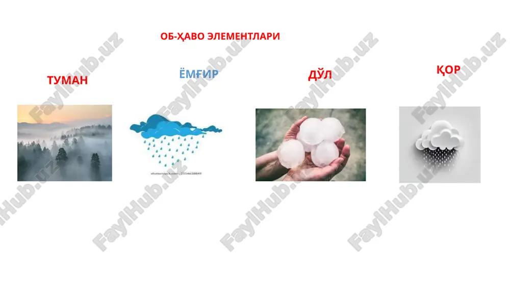 oqquvlar , bir qarasang –baland qorli cho'qqilar , bir qarasang – ko'z ilg'amas oq barqut . **** ko'k yuzida – yorug' , oydin bir ro'yo ... usta rassom chizmish ajib manzara – tepa-tepa paxta – beg'ubor , sara , kuzgi xirmonlarning akslari go'yo mirtemir bulutlar haqida havoning bulutlilik holati 10 balli shkala yordamida ifodalanadi . bunda havo tiniq ochiq b o' lsa bulutlilik 0 ball . o smon gumbazining 10 dan bir qismi bulutli b o' lsa 1 ball . o smon gumbazining yarmi bulutli b o' lsa 5 ball . h ammasi bulut bilan qoplanib olingan b o' lsa 10 ball b o' ladi. ob-havoning b e lgilari havoning ma'lum vaqt va joydagi holatlari ob- havo deb ataladi . – agar qaldirg'och va boshqa qushlar osmonda baland parvoz qilayotgan bo'lsa , havo ochiq bo'ladi ; – agar qaldirg'och pastlab uchayotgan bo'lsa , yomg'ir yog'ishi mumkin ; – agar quyosh …