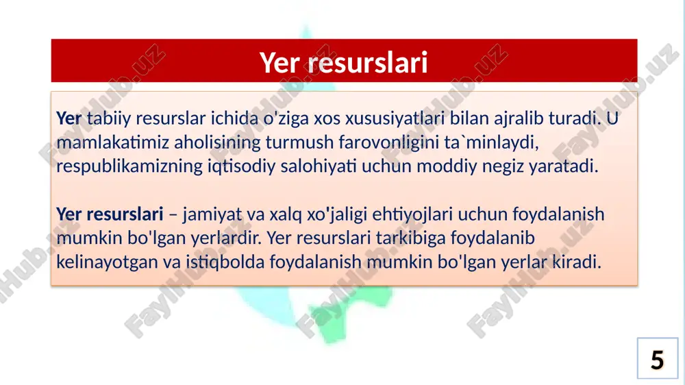 ish tuproq unumdorligini tiklash va oshirish yuridik va jismoniy shaxslarning yer uchastkalariga bo'lgan huquqlarini ta`minlash, ularning yer resurslaridan samarali foydalanishlari uchun sharoitlar yaratish yerdan foydalanishda qonuniylikni ta`minlash yer fondi yer toifalari yer turlari hudud yer resurslarini boshqarish ob’yekti - yer uchastkalarning huquqiy holati, toifasi, foydalanish maqsadi va xarakteridan qat’iy nazar o'zbekiston respublikasining butun yer fondi hisoblanadi ob’yekti yer resurslarini boshqarish 19 o'zbekiston respublikasining yer fondi 20 t/r yer fondining toifalari umumiy yer maydoni, ming, ga jami % hisobida 1 qishloq xo'jaligiga mo'ljallangan yerlar 20236,3 45,08 2 aholi punktlari yerlari 221,4 0,49 3 sanoat, transport, aloqa, mudofaa va boshqa maqsadlarga mo'ljallangan yerlar 866,3 1,93 4 tabiatni muhofaza qilish, sog'lomlashtirish va rekreatsion maqsadlarga mo'ljallangan yerlar 710,4 1,58 5 tarixiy-madaniy ahamiyatga molik yerlar 14,5 0,03 6 o'rmon fondi yerlari 11199,5 24,95 7 suv fondi yerlari 836,9 1,87 8 zaxira yerlar 10807,1 24,07 jami yerlar: 44892,4 100,0 yer resurslarini boshqarish sub’yekti – yer munosabatlarini …