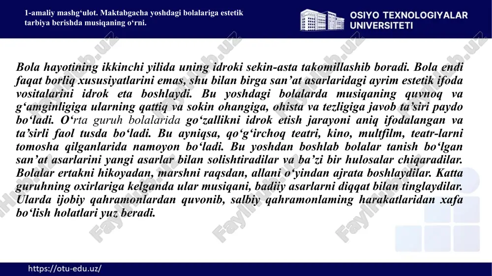 harakatlarni o‘z vaqtida bajarish; 1-amaliy mashg‘ulot. maktabgacha yoshdagi bolalariga estetik tarbiya berishda musiqaning o‘rni. badiiy faoliyat turlari bo‘yicha mashg‘ulotlar. musiqa va she’r tinglash, badiiy o‘yinchoqlar tomo­sha qilish; musiqa asarlarini to‘g‘ri idrok etishga o‘rganish, ijrochiga xalaqit bermaslik, mustaqil badiiy ijod ehtiyojini his qilish, kuylash, raqsga tushish, she’r aytish; o‘yinlar, dramatizatsiyalar va raqslarda navbat bilan bir-biriga yordam berib, kelishgan holda harakat qilish; ijodiy qobiliyatlarini namoyish qilish, kichik-kichik ashulalarni to‘g‘ri aytish, she’rlarni ifodali o‘qish, qo‘shiq, o‘yin mazmunini gapirib bera bilish. mustaqil badiiy faoliyat va ko‘ngil ochishlar. qo‘shiq, musiqa tinglash, xorovodlarni boshqarish, paqsra tushish, tanish ertak, she’rlarni qayta ay­tish, topishmoqlar aytish; qo‘g‘irchoq teatri yoki soya teatri “fonus xayol” spektakllarini diqqat bilan tinglash, agarda boshqaruvchi tomoshabinlarga murojaat qilsa, luqmalar tashlash va javob berish; bayram chiqishlari va ko‘ngil ochishlarda faol ishtirok etish ishtiyoqini bildirish; qo‘shiq, raqs, o‘yinlarni ijro etishda yakka va jamoa bo‘lib shodlikni his qilish. 1-amaliy mashg‘ulot. maktabgacha yoshdagi bolalariga estetik tarbiya berishda musiqaning o‘rni. …