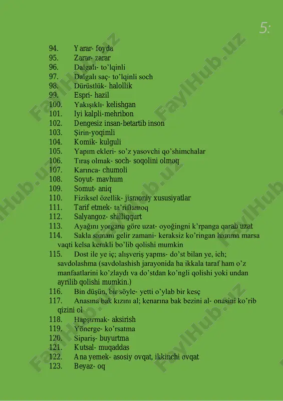 ğlık- sog’liq 102. sene- yil 103. sanatsever- san’at ixlosmandi 104. sarı- sariq 105. sıradan bir köylü- oddiy qishloqlik 106. sinyal- signal 107. siyah- qora 108. sövalye- ritsir 109. spor- sport 110. taban- pol 111. takım- jamoa 112. takma ad- taxalus, laqab 113. takma- yasama 114. tansiyon- qon bosimi 115. tavan-shift 11: 116. tavşan- quyon 117. tolantı- yig’ilish 118. teleskop-teleskop 119. telsiz-simsiz, ratsiya 120. tür- tur, janr 121. tiyatro- teatr 122. tüketmek- iste’mol qilmoq 123. uygulamak-tatbiq qilmoq, amalga oshirmoq 124. ünvan- unvon 125. yayımlamak- nashr qilmoq 126. yazar-yozuvchi 127. yüklem-kesim 128. zayıf- ozg’in 129. adım atmak- qadam tashlamoq 130. affetmek- kechirmoq 131. atanmak- biror bir ishga joylashish yoki shu ishga buyrug’i chiqishi 132. bastırmak- bostirmoq 133. başvurmak- murojaat qilmoq 134. doğmak- tug’ilmoq 135. düşürmek- tushurmoq 136. gönüllü olmak- ko’ngilli bo’lmoq 137. i̇lerlemek- odimlamoq 138. i̇ncelemek- o’rganmoq 139. keşfetmek- kashf qilmoq 140. tüketmek- iste’mol qilmoq 141. ümlü olmak- mashhur bo’lmoq 142. vazgeçmek- …