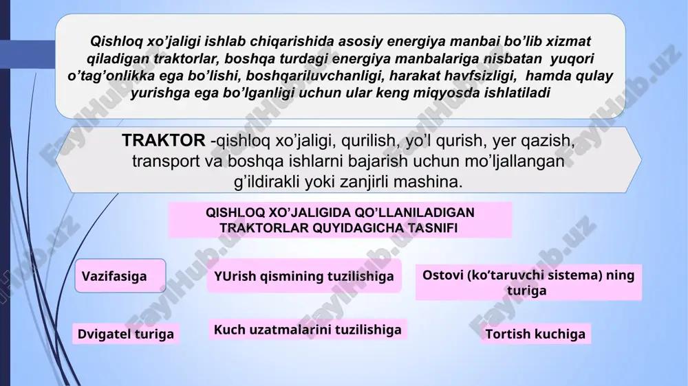 dvigatel-yonilg’i tsilindr ichida yuqori bosim bilan siqish natijasida yuqori temperaturaga ega bo’lgan havoga purkalib alangalantiruvchi dvigatel. karbyuratorli dvigatel-karbyuratorda tayyorlangan toza havo va yonilg’idan iborat yonuvchi aralashma tslindrga kiritilib, elektr uchquni yordamida alangalanadigan dvigatel. to’rt taktli dvigatel-haqiqiy ishchi sikl porshni to’rt yo’lida yoki tirsakli valning ikki marta aylanishida o’tadigan dvigatel. ikki taktli dvigatel- haqiqiy ishchi sikl porshni ikki yo’lida yoki tirsakli valning bir marta aylanishida o’tadigan dvigatel. to’rt taktli dvigatellarning ish tsikl kiritish –birinchi takt bo’lib, unda tsilindr ichiga yonuvchi aralashma yoki toza havo to’ldiriladi siqish- ikkinchi takt bo’lib, unda tsilindr ichidagi yonuvchi aralashma yoki toza havo siqiladi. kengayish–uchinchi takt bo’lib, uni ish yo’li takti deb ham aytiladi. bu taktda yonilg’ining yonishidan xosil bo’lgan energiya mexanik energiyaga, ya’ni foydali ishga aylantiriladi. chiqarish-to’rtinchi takt bo’lib, bunda tsilindrlar ishlatilgan gazlardan tozalanadi. to’rt taktli karbyuratorli dvigatelni ish tsikli to’rt taktli dizel dvigatelni ish tsikli 1-kiritish klapani; 2-yondirish svechasi; 3-chiqarish klapani; 4-porshen; 6-yonuvchi aralashma. 1-kiritish …