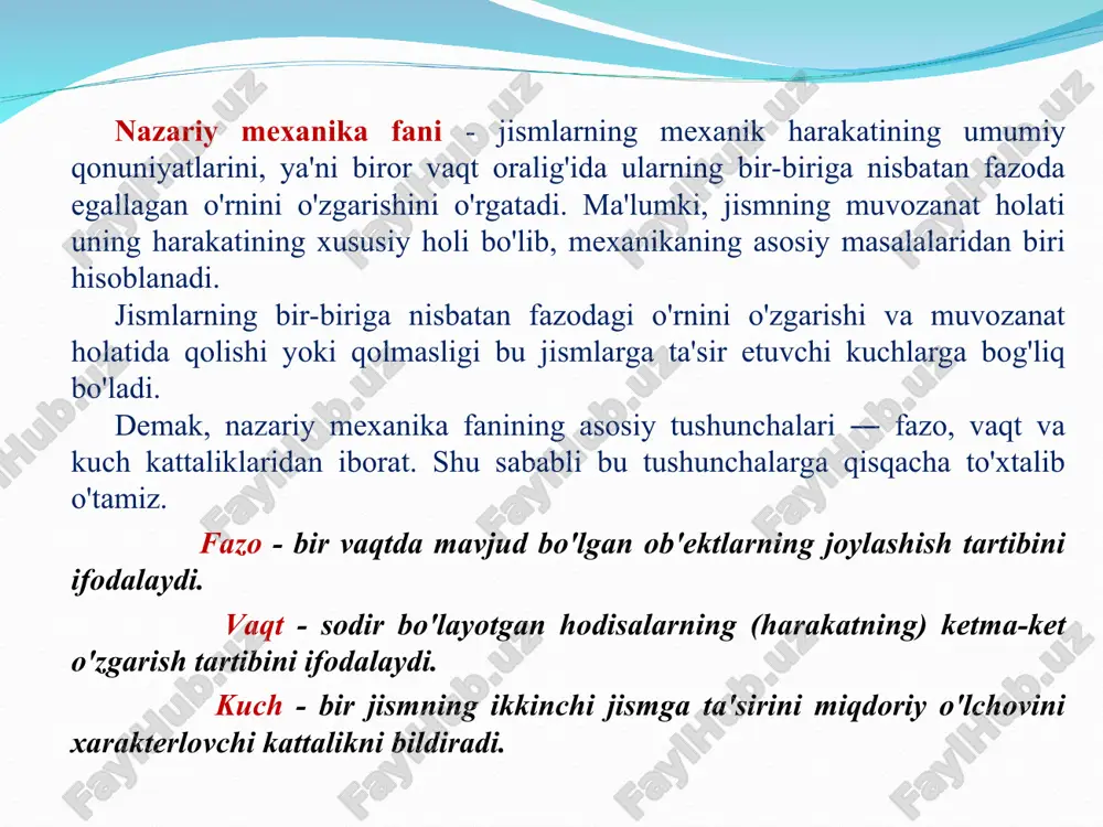 a birligiga ta'sir qiluvchi kuchlarning intensivligi q bilan belgilanadi va mos ravishda n/m yoki n/m2 hisobida o`lchanadi. taqsimlangan kuchlarga ko`prik balkasining ustiga yotqizilgan beton yoki asfalt ta'siri misol bo`la oladi. beton yoki asfalt balka bo`yicha tekis tarqalgan bo`lib, 6-rasmda ko`rsatilganidek ta'sir qiladi. masalani echishda taqsimlangan kuchlar bir nuqtaga qo`yilgan kuch bilan almashtiriladi. 6-rasmda tasvirlangan taqsimlangan kuchlar teng ta'sir etuvchisi ab uchastkaning o`rtasiga qo`yilgan bo`lib, miqdori q=q·ab bo`ladi. taqsimlangan kuchlarga yana bir misol sifatida to`g`on devoriga suvning ta'sirini keltirish mumkin (7-rasm); bu kuchning taqsimlanishi suv yuzasidan to`g`on tagigacha uchburchak qonuni bilan o`zgarib boradi. bu holda taqsimlangan kuchlarning teng ta'sir etuvchisi uchburchak medianalarining kesishgan nuqtasidan o`tadi va miqdori ql/2 bo`ladi. 6-rasm 7-rasm juft kuch. ma'lum oraliqda joylashgan, bir-biriga qaraima-qarshi yo`nalgan va miqdor jihatidan teng bo`lgan ikki kuch juft kuch deyiladi. 8-rasmda balkaga qo`yilgan juft kuch tasvirlangan. juft kuch berilganda, juft kuch tashkil etuvchilari va bu tashkil etuvchilar orasidagi masofa (8-rasm, a) yoki …