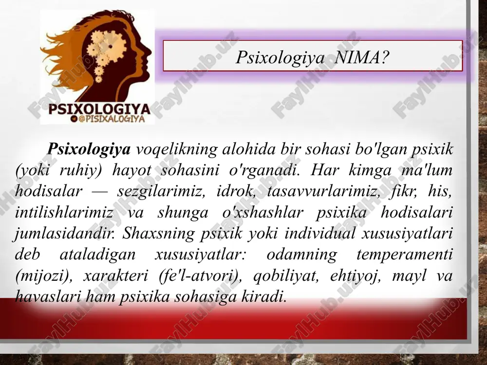 ent kishidagi hissiyotning qo'zg'alishlarida va kishidagi umumiy harakatchanlikda ko'rinadigan individual xususiyatdir. e'tiboringiz uchun raxmat! image4.jpeg image5.png image6.png image7.png image8.jpeg image9.jpeg image10.jpeg image11.jpeg image12.jpeg image13.jpeg image14.jpeg image15.jpeg image3.jpg image16.jpeg image1.jpeg image17.emf image18.emf image19.png image20.png image21.png psixologiyaning fan sifatida shakllanishi falsafa va tabiiy fanlarning rivojlanishi bilan chambarchas bog'liq edi. psixika haqidagi ilk g'oyalar ibtidoiy jamiyatda rivojlangan. qadim zamonlarda ham odamlar moddiy hodisalar, moddiy (narsalar, tabiat, odamla r) va nomoddiy (odamlar va narsalarning tasvirlari, xotiralar, kechinmalar) - sirli, ammo mustaqil ravishda mavjud bo'lishiga e'tibor berishgan. atrofdagi dunyo. antik davrning eng buyuk faylasufi demokrit (miloddan avvalgi v -iv asrlar) ruh ham atomlardan iborat, tananing o'lishi bilan ruh ham o'ladi, deb ta'kidlaydi. ruh harakatlantiruvchi printsipdir, u moddiydir. ruhning mohiyati haqida boshqacha fikr rivojlanadi platon (miloddan avvalgi 428 -348). platon ta’kidlaydiki, hamma narsaning asosi o‘zida mavjud bo‘lgan g‘oyalardir. g'oyalar o'z dunyosini tashkil qiladi, unga materiya dunyosi qarshi turadi. ularning o'rtasida vositachi sifatida - dunyo ruhi. platonning …