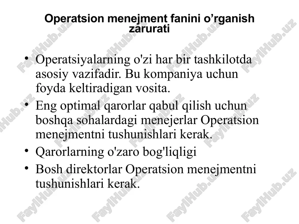 boshqa funktsiyalar bilan ishlashi kerak. operatsiyalar asosiy funktsiya sifatida, boshqa asosiy funktsiyalar bilan ishlashga muhtoj(marketing va moliyalashtirish). operatsiyalar funktsiyasi tomonidan ishlab chiqarilgan mahsulotlar foydasiz, agar ularni marketing orqali sotish imkoni bo'lmasa. operatsiyalar moliyalashtirish funktsiyasi tomonidan jalb qilingan sarmoyasiz amalga oshirilmaydi o'zaro faoliyatlar bo’yicha qarorlar qabul qilish operatsiyalar asosiy funktsiya sifatida, boshqa asosiy funktsiyalar bilan ishlashga muhtoj(marketing va moliyalashtirish). marketing qaysi mahsulotlarni qanday narxda ilgari surishni qaror qilish uchun operations bilan hamkorlik qilishi kerak. moliyalashtirish operation bilan hamkorlikda qancha kapital / kapitalning qaysi turini jalb qilish kerakligini hal qilishi kerak. operatsiyalar, shuningdek, inson resurslari, buxgalteriya hisobi, sotib olish, it, logistika funktsiyalari va boshqalar kabi boshqa funktsiyalar bilan ishlashi kerak. cross-functional decision making cross-functional decision making operatsiyalar – jarayon sifatida operatsiyalar – jarayon sifatida (process thinking) operatsiyalar - bu kirishni chiqishga aylantiradigan transformatsiya jarayoni (tizim) sifatida tavsiflanadi shuning uchun om biznes maqsadlarini (masalan, missiyalar, maqsadlar) yakuniy maqsad bilan (ya'ni, oxirgi mijozlar) bog'laydi. …