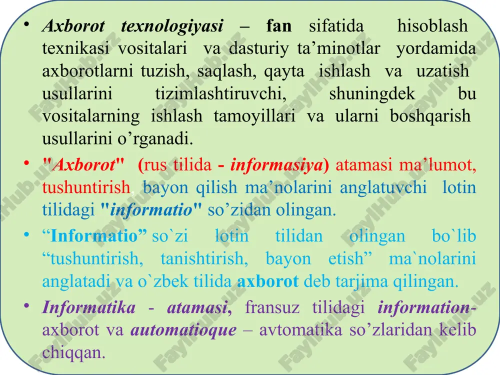 u kompyuterning eng katta platasi hisoblanadi. unda operativ xotira va prosessorni bog’lovchi shinalar, magistral tizimlar orqali joylashtiriladi. videoadapter. u video berilganlarni saqlash, o’qish asosida monitorni boshqarish vazifasini bajaradi. shaxsiy komp’yuterning arxitekturasi tovush kartasi. kompyuterning tovushli berilganlari bilan ishlovchi ichki qurilmasi. qattiq disk. qattiq disk kompyuterda berilganlar va dasturlarni uzoq muddatda saqlovchi qurilma vazifasini o’taydi. uning asosiy parametri bo’lib gegabayt yoki terabayt birliklarida o’lchanadigan axborot sig’imi hisoblanadi. disk yurituvchi. optik disklardagi axborotlarni o’qish va yozish qurilmasi. uning cd-rom va dvd-rom kabi turlari mavjud. kommunikasion portlar. bu qurilma, tashqi: printer, skaner, klaviatura, sichqoncha, kalonka kabi tashqi qurilmalarga ulash moslamalari bo’lib, ular usb portlari deb ataladi. tarmoq adapteri. kompyuterlararo berilganlarni o’zaro almashish qurilmasi. domiy xotira- energiyaga bog’liq bo’lmagan xotira. bu xotirada o’zgarishi talab qilinmaydigan berilganlar saqlanadi. qurilmani ishlab chiqarish jarayonida berilganlar unga joylashtiriladi kompyuterda berilganlarni qayta ishlash jarayoni: kompyuter xotirasi ichki xotira vinchester, hdd tezkor xotira, ram cd-rom doimiy xotira,rom tashqi xotira dvd-rom …