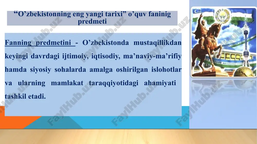 hkil etiladi. hozirgi kungacha 7 mingdan ortiq sog'liqni saqlash, maktabgacha ta'lim muassasalari va maktablar yuqori tezlikdagi internetga ulangan bo'lsa, keyingi 2 yilda yana 12 mingta muassasa tezkor internetga ulanadi xulosa foydanildan adabiyotlar: 1. murtazaeva r.x. va boshqalar. o'zbekiston tarixi. o'quv qo'llanma. . -t.:akademiya 2010. 2. oblomurodov n., va boshqalar. o'zbekiston tarixi. o'quv qo'llanma. -i: yangi asr avlodi, 2011. 3. o'zbekiston respublikasi prezidenti sh. mirziyoevning 2018 yil 5 iyundagi "oliy ta'lim muassasalarida ta'lim sifatini oshirish va ularning mamlakatda amalga oshirilayotgan keng qamrovli islohotlarda faol ishtirokini ta'minlash bo'yicha qo'shimcha chora-tadbirlari to'g'risida" pq-3775-sonli qarori. 4. mirziyoev sh.m. qonun ustuvorligi va inson manfaatlarini ta'minlash yurt taraqqiyoti va xalq farovonligining garovi. - toshkent: o'zbekiston, 2017. 5. mirziyoev sh.m. milliy taraqqiyot yo'limizni qat'iyat bilan davom ettirib, yangi bosqichga ko'taramiz. t. 1. -toshkent: o'zbekiston.. 2017. 6. mirziyoev sh.m. buyuk kelajagimizni mard va oliyjanob xalqimiz bilan birga quramiz. - toshkent: o'zbekiston. 2017. 7. o‘zbekiston respublikasi prezidenti shavkat mirziyoyevning …