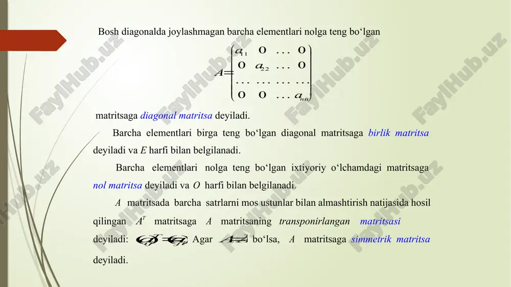 ar bo‘lsa, u holda: 1) );)(())(( abba   2) );()()( abbaba   3) ae=ea=a 4) ;ooaao  5) .)( ttt abab  .5 o a, e, o n-tartibli kvadrat matritsalar va qp, manfiy bo‘lmagan butun sonlar bo‘lsa, u holda: 1) ; qpqp aaa   2) ;)()( pqqp aa 3) ; 1 aa 4) a 0 =e /docprops/thumbnail.jpeg