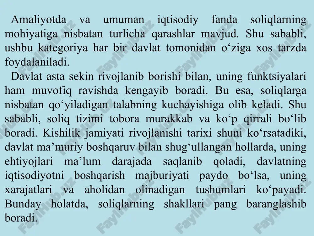 yudjetga to‘lash. * foyda solig‘ining joriy qilinishi, iqtisodiy mohiyati va ahamiyati o‘zbekiston respublikasi davlat byudjeti daromadlari 1991-yilga qadar asosan davlat korxonalari foydasidan ajratiladigan ajratmalar hisobidan shakllanar edi. ushbu foydadan ajratma davlat tomonidan belgilangan majburiy to‘lov bo‘lib, u korxonalar balans foydasining 90 foizgacha bo‘lgan qismini byudjetga olib ketar, qolgan mablag‘lar esa korxona tomonidan emas, balki yuqori tashkilot topshirig‘iga ko‘ra tegishli jamg'armalarga taqsimlanar edi. bozor munosabatlari rivojlanishi bilan iqtisodiyotni soliqlar yordamida tartibga solish xususan, foydadan ajratmalar o‘rniga daromad solig‘ini joriy etish zarurati paydo bo‘ldi va 1992-yildan boshlab barcha turdagi xo‘jalik yurituvchi subyektlar «daromad» solig‘ini to‘lashga o‘tdilar. * o‘zbekiston respublikasi rubl mintaqasida qolib turgan vaqtda daromad solig‘ini olishga o‘tish pul qadrsizlanishi tufayli ish haqi o‘sishini cheklash uchun davlat tomonidan majburiy chora bo‘ldi. bunday sharoitda ishlab chiqaruvchilarning moliyaviy ahvoli yomonlasha boshladi. natijada mahsulotga talab pasayib, sotishdan olingan tushum hajmi kamaygani holda, ular o‘z ishlab chiqarishlari yo‘nalishini o‘zgartirishga, foyda olmasalar ham juda katta miqdorda ishchilarga …