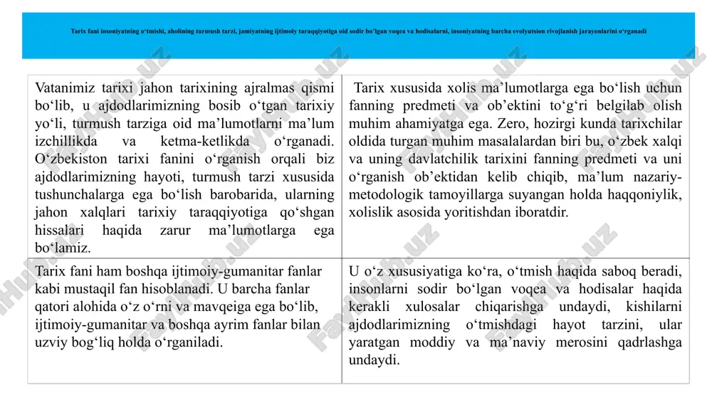 • at-tabariy «tarixi ar-rusul va-muluk» («payg‘ambarlar va podshohlar tarixi») • beruniy «qadimgi xalqlardan qolgan yodgorliklar» («osor ul-boqiya an al-qurun an-holiya») • mahmud qoshg‘oriy «devonu lug‘at at-turk» («turkiy so‘zlar lug‘ati») xiii-xiv asr fors tilidagi manbalar: • narshaxiy «buxoro tarixi» • nizomiddin shomiy «zafarnoma» • sharafuddin ali yazdiy «zafarnoma» • mirzo ulug‘bek «to‘rt ulus tarixi» («tarixi arba’ ulus») o‘zbek tilidagi manbalar: • yusuf xos xojib bolasog‘uniy «qutadg‘u bilik» («saodatga yo‘llovchi bilim») • «temur tuzuklari» • zahiriddin muhammad bobur «boburnoma» («vaqoyi’») • muhammad solih «shayboniynoma» va boshqalar o’zbekiston tarixi yordamchi tarix fanlar 16 arxeologiya antropologiya etnografiya lingvistika epigrafika numizmatika xronologiya geneologiya manbashunoslik va boshqalar o’zbekiston tarixi 3-reja. o‘zbekiston respublikasi prezidenti shavkat mirziyoyevning ma’naviy yetuk shaxsni tarbiyalashda tarixiy xotiraning o‘rni va saboqlari to‘g‘risidagi fikrlari. 18 2018 yil may oyida prezident shavkat mirziyoyev o‘zbekiston milliy universitetida oliy o‘quv yurtlari va ilmiy-tadqiqot muassasalari rahbarlari, akademiklar, olimlar va yosh tadqiqotchilar bilan uchrashuv o‘tkazdi, unda u tarixni o‘rganishning …