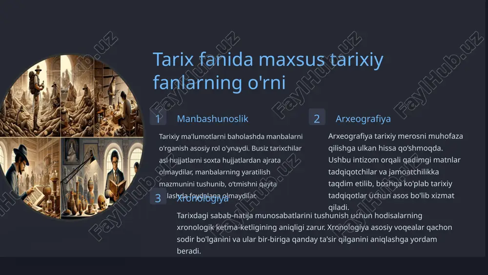i , tarixiy geografıyani-geografiya fanining tarkibiy qis - mi deb hisoblashadi . tarixiy geografiya kerak bo‘lsa , geografiya fanining usul - laridan foydalanib tarixiy cbegara masalalariga aniqlik kirita oladi . tarix fani hatto polebotanika fani usullaridan ham qo‘l1ashi mumkin . tibbiyot xodimlari qadimiy dori-darmonlar haqida ularning tarixiy ildizlarj haqida tarix ma'lumotlaridan foydalanishlari mumkin . masalan , gippokrat qasamining zardushtiylikning « avesto » kitobidan olinganligi , ibn sinoning «tib qonun1ari»ning o‘qilishi va fanga kiritilishi bu manbashunos tarixchi olimlaming ishi bo‘lganidek , ushbu sohalar bir - biri bi̇lan uzviy bog‘liq xulosa fanlarning ahamiyati tarixiy tadqiqotlarning rang- barangligi va chuqurligida maxsus tarixiy fanlar muhim o‘rin tutadi , o‘tmishning o‘ziga xos tomonlarini chuqur o‘rganish orqali umumiy tushunchani to‘ldiradi . istiqboli ular bizning tarix haqidagi bilimimizga qimmatli hissa qo'shishda davom etadigan istiqbolli va rivojlanayotgan tadqiqot darajasini ifodalaydi . maxsus tarixiy fanlarning tuzilishi i paleografiya tarix qo'lyozmasi paleografiya qadimiy qoʻlyozma va yozuvlarni oʻrganadi , qadimgi hujjatlar …