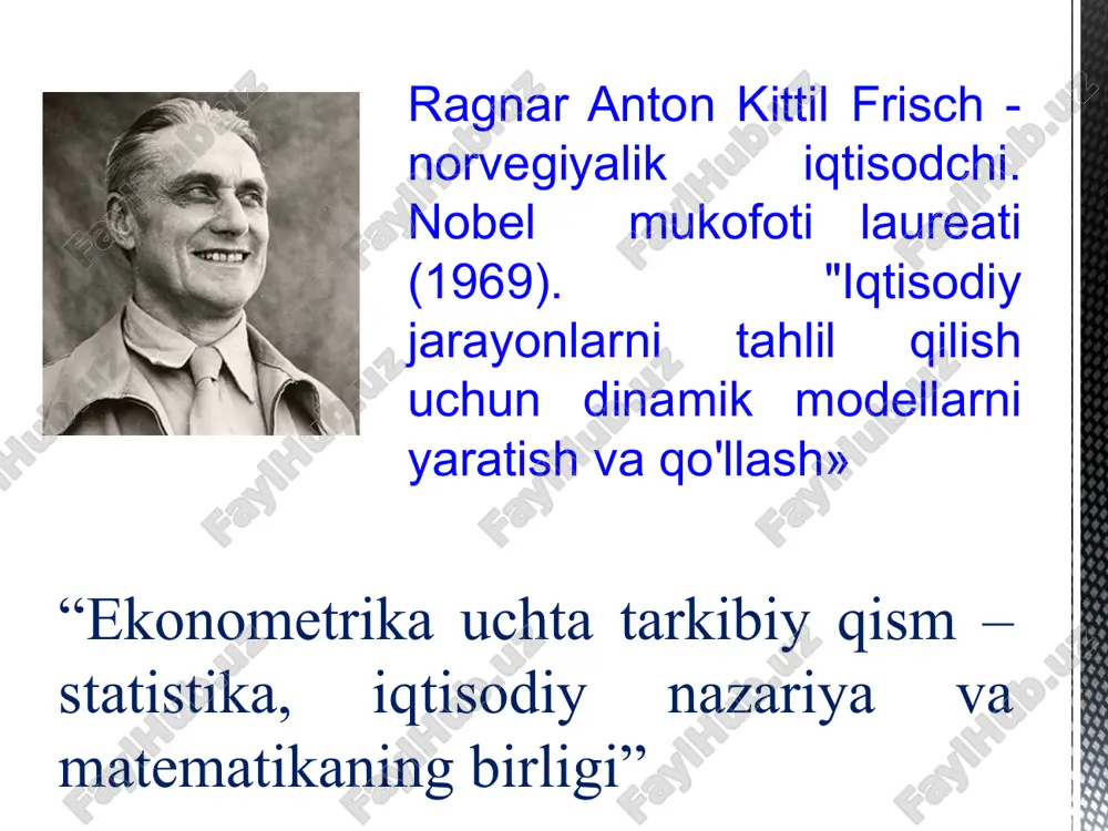 tlarni tahlil qilish usullari ishlab chiqiladi. obrazets teksta vtoroy uroven tretiy uroven chetvertiy uroven pyatiy uroven - ishlab chiqarish funksiyasi usuli - talab va taklif tahlili asosiy ekonometrik usullar matematik statistika usullari ekonometrik usullar - dispersion tahlil - korrelyasiya tahlili - regressiya tahlili - omilli tahlil - indekslar nazariyasi - iqtisodiy o'sish tahlili 21 modellar stoxastik modellarda jarayonning noaniqligini hisobga olish uchun bir yoki bir nechta tasodifiy miqdorlardan foydalanadi yoki kirish ma'lumotlari ba'zi statistik taqsimotlarga muvofiq taqdim etiladi. statik modellarda iqtisodiy jarayonlar va ko‘rsatkichlarning ma’lum bir vaqtdagi holati o‘rganiladi. dinamik modellarda esa iqtisodiy ko'rsatkichlarning vaqt davomida qanday o'zgarishi kuzatiladi va ularga qaysi omillar ta'sir etishi o'rganiladi. 2-bosqich. o‘rganilayotgan iqtisodiy hodisani tahlil qilish: modellashtirish boshlangunga qadar ma’lum bo‘lgan axborotni shakllantirish. 1-bosqich. tadqiqot maqsadini shakllantirish (tadqiqot ob’ektini tahlil qilish, prognoz, rivojlanishining imitatsiyasi, boshqaruv qarori va h.k), modelning iqtisodiy o‘zgaruvchilarini aniqlash. ekonometrik modellashtirish bosqichlari 3-bosqich. iqtisodiy modelning turi aniqlanadi, o‘zgaruvchilar o‘rtasidagi o‘zaro bog‘liqlik …