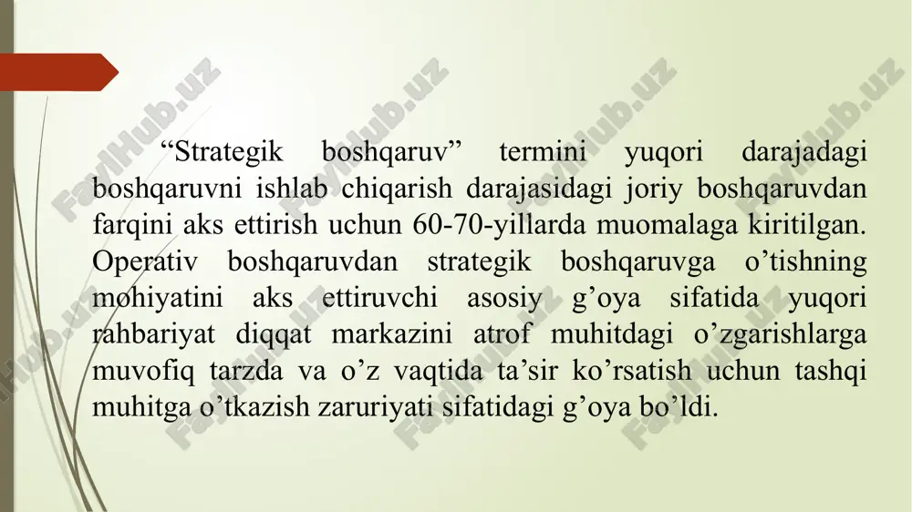 stemolchilarga orzularidagi uylariga ega bo’lish imkoniyatini beramiz nasa biz tashqi dunyoni tadqiq qilamiz biz yangi balandliklarga yetamiz va noma’lum jismlarni kashf qilib, ularning insoniyatga foydasi bor yoki yo’qligini o’rganamiz revlon biz kosmetika ishlab chiqaramiz biz hayot tarsi va o’ziga ishonch, omad va martaba, xotiralar, umidlar va orzular sotamiz ritz-carlton mehmonxonalar va dam olish joylari biz xonalarni ijaraga beramiz biz ritz-carlton tajribasi – mehmonlarning yuqori kutganlaridan ham ziyod esda qolarli tunash imkoniyatlarini yaratamiz walmart biz chegirma do’konlarini yuritamiz biz har kuni past narxlarda yetkazamiz va oddiy xalqqa boy qatlamdek bir xil narsani sotib olish olish imkoniyatini beramiz. “pulni teja, yaxshiroq yasha”. strategik reja - bu korxona (firma) ga uzoq davrga berilgan topshiriqdir. bunday reja firma doirasidagi boshqa joriy, yillik rejalashtirish uchun boshlang‘ich nuqta bo‘lib xizmat qiladi. strategik rejaning asosiy shakllari besh, o‘n yil va undan ko‘proq muddatlarga mo‘ljallangan rejalardir. strategik rejaning o‘ta muhim va zarurligi quyidagilar bilan izohlanadi: korxonaning aniq maqsadini …