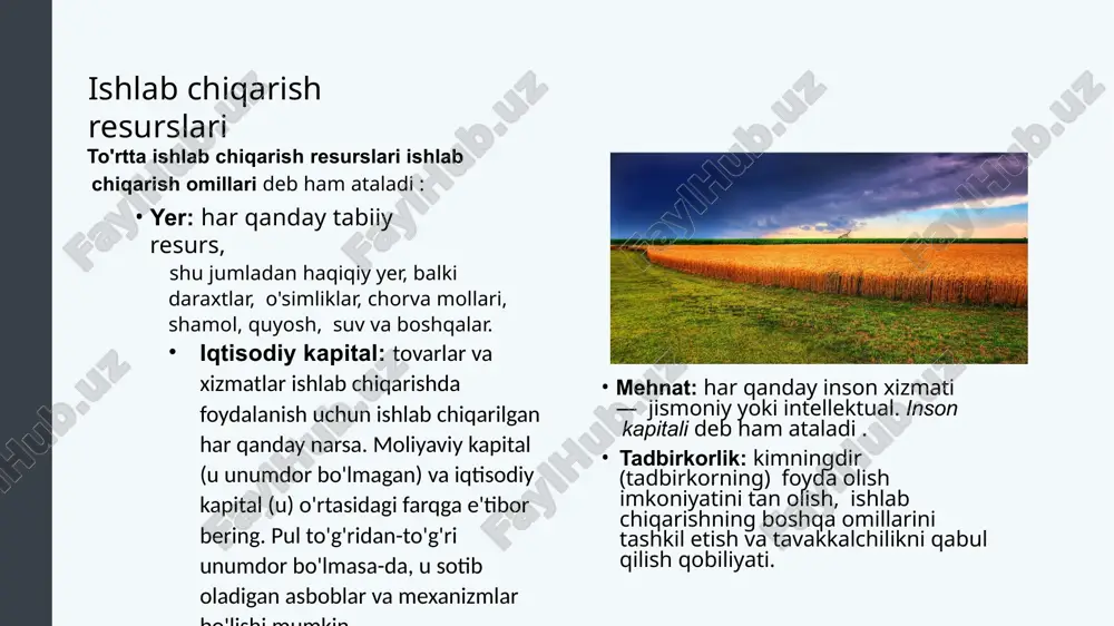 etni hisobga olgan holda, ularning ehtiyojlari va ehtiyojlariga eng mos keladi? mikroiqtisodiyotni tushunish (davomi) ko'proq mikroiqtisodiyot savollari firma qanday narxlarni belgilashini nima belgilaydi ? • firma o'z mahsulotlarini qanday ishlab chiqarishini nima belgilaydi? mahsulotlarni nima belgilaydi va ularning har biridan nechta firma ishlab chiqaradi va sotadi? qancha ishchi yollashini nima belgilaydi? firma o'z biznesini qanday moliyalashtiradi? qachon firma kengaytirish, kichraytirish yoki hatto yopishga qaror qiladi? makroiqtisodiyot haqida tushuncha makroiqtisodiyot: makroiqtisodiy siyosat o'z maqsadlarini pul- kredit siyosati va fiskal siyosat orqali amalga oshiradi. pul-kredit siyosati: foiz stavkalari darajasini, iqtisodiyotda kredit mavjudligini va qarz olish hajmini o'zgartirishni o'z ichiga olgan siyosat. fiskal siyosat: davlat xarajatlarini o'z ichiga olgan iqtisodiy siyosat va iqtisodiy modellardan foydalanish iqtisodiy model: iqtisodiy xatti-harakatlarni kuzatish, tushunish va bashorat qilish imkonini beruvchi haqiqatning soddalashtirilgan versiyasi. iqtisodiy modellar va matematika iqtisodiy modellar so'zlar yoki matematika yordamida ifodalanishi mumkin. • iqtisodiy modellarni tushuntirish uchun algebra va grafiklardan foydalaniladi. funktsiyalarning maqsadi funktsiya: …
