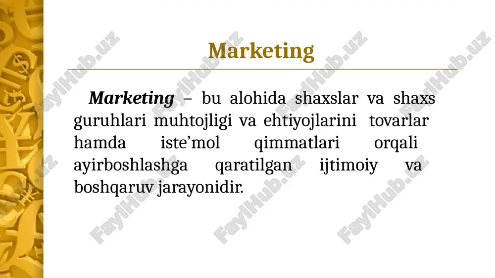 lariga daxldor ijtimoiy-iqtisodiy konsepsiyadir. marketing asosida bozorni har taraflama o‘rganish yo‘nalishlarining asosiylaridan quyidagilarni ko‘rsatib o‘tish zarur: marketing asosida bozorni har taraflama o‘rganish yo‘nalishlarining asosiylaridan quyidagilarni ko‘rsatib o‘tish zarur: talabni o‘rganish; bozor tarkibini aniqlash; tovarni o‘rganish; raqobat sharoitlarini tadqiq qilish; sotish shakli va uslublarini tahlil etish marketing quyidagilarni o‘rgatadi • bozorni o‘rganishni; • uni taqsimlashni; • tovarlarni joylashtirishni; • marketing siyosatini olib borishni; • tovar siyosatini; • narx siyosatini; • taqsimot siyosatini; • siljitish (yo‘naltirish) siyosatini; • yuksalish, qo‘shimcha xizmatlarni (plus) - (bunga marka, sotishdan keyingi xizmat, kafolat va texnik yordam, etkazib berish, assortiment, shaxsiy iste’mol va boshqalarni kiritish mumkin). marketing asosida bozorni har taraflama o‘rganish yo‘nalishlarining asosiylaridan quyidagilarni ko‘rsatib o‘tish zarur: 1 talabni o‘rganish 2 bozor tarkibini aniqlash; 3 tovarni o‘rganish 4 raqobat sharoitlarini tadqiq qilish 5 sotish shakli va uslublarini tahlil etish marketing quyidagilarni o‘rgatadi: bozorni o‘rganishni; uni taqsimlashni; tovarlarni joylashtirishni; marketing siyosatini olib borishni; tovar siyosatini; narx siyosatini; …