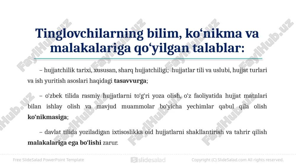 pyright (c) slidesalad.com all rights reserved. free slidesalad powerpoint template 15 rossiyada hujjat yuritish ix-x asrlardan boshlangan. x asrga kelib shartnomalarda muhrlar qo‘llana boshlagan. xiv asr oxirlaridan boshlab hujjatlar qog‘ozlarda o‘z ifodasini topishga o‘tgan. manbalar pyotr davrida “dokument” so‘zining ishlatila boshlaganidan darak beradi. u tor ma’noda shaxsni tasdiqlovchi hujjat (pasport) o‘rnida ishlatilgan. keng ma’noda – guvoh beruvchi, ibratli, namunali, dadil, isbotlovchi ma’nosida qo‘llanilgan. copyright (c) slidesalad.com all rights reserved. free slidesalad powerpoint template 16 turkiston respublikasidan ajralib chiqqan o‘zbekiston respublikasi 1924-yil 31-dekabrda 48-raqamli “ishlarni o‘zbek tilida yuritish” to‘g‘risida muhim qaror qabul qildi. qarorda butun boshqaruv idoralarida hamma rasmiy ish qog‘ozlari faqat o‘zbek tilida yuritish, o‘zbekcha rasmiy hujjatlar tuzish, yo‘riqnomalarni tayyorlash topshirildi. qarorni hayotda qo‘llash uchun ishchi hay’at yuzaga keldi. har bir tashkilot, muassasa va idoralarda ish yuritish bo‘limlari tashkil qilindi. qarorda dekretga bepisand qarovchilarga chora ko‘rish kerakligi ta’kidlangan edi. ish qog‘oz namunalari maxsus tayyorlandi. ammo 30-yillarda vaziyat o‘zgardi, milliy tillar, …