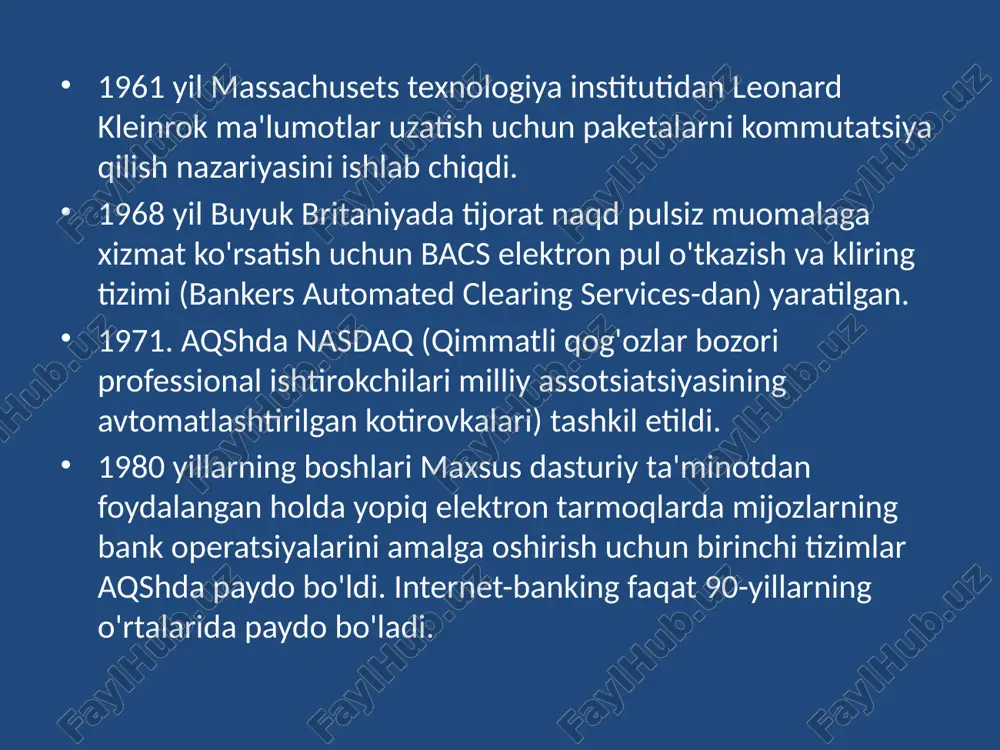 ng sub’ektlari o’rtasida yuzaga keladigan munosabatlar majmui to’lov tizimidir. to’lov tizimining turlariga quyidagilarni kiritishimiz mumkin: banklararo to’lov tizimi; bankning ichki to’lov tizimi; chakana to’lovlar tizimlaridan iborat. foydalanilgan adabiyotlar gavrilov l.p. elektronnaya kommertsiya. uchebnik i praktikum dlya bakalavriata i magistraturi.m.:yurayt, 2019.- 433 str. o‘zbekiston respublikasining “elektron tijorat to‘g‘risida”gi o‘zbekiston respublikasi qonuniga o‘zgartish va qo‘shimchalar kiritish haqida”gi 2015-yil 22-maydagi o‘rq-385-sonli qoniniga muvofik qabul qilindi. xalq so’zi, 2015 yil 23 may. e'tiboringiz uchun rahmat! image2.png image3.jpg image4.jpg image5.jpg image6.jpg image7.jpg image8.jpg image9.jpg image10.jpg /docprops/thumbnail.jpeg