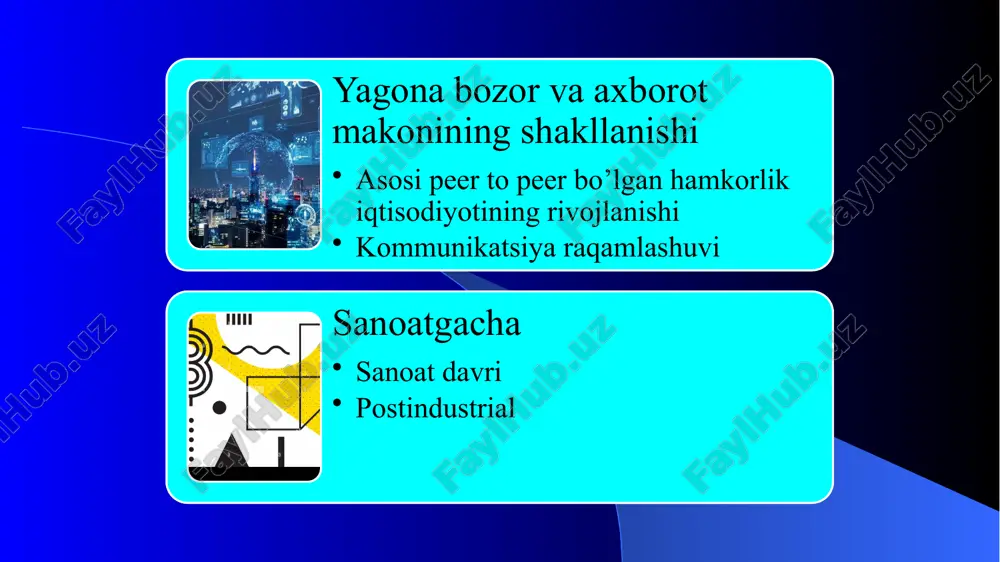 chiqarish va sotish bo‘yicha iqtisodiy faoliyat turlari bilan ajralib turadi; • real vaqt rejimida tarmoqlar va aktdan foydalanishga asoslanadigan ijtimoiy-iqtisodiy va tashkiliy texnik munosabatlar yig‘indisi; • haqiqiy iqtisodiyotni to‘ldiruvchi texnika, dasturiy ta’minot, infratuzilma kabi elementlarning murakkab kombinasiyasi raqamli platformalar raqamli platformalar, internet orqali axborotni ulashish va muammolarni hal qilish uchun yaratilgan texnologik asoslar bo'lib, biror xizmat yoki mahsulotni taklif etish, mijozlar bilan aloqada bo'lish, hamkorlik qilish yoki mijozlarni jalb qilishga imkon beradi. raqamli platformalar ko'p turdagi foydalanuvchilar, shu jumladan mijozlar, xodimlar, tashkilotlar va jamoalar orasida muloqotni ta'minlaydi. big data si, blokcheyn iot bulutli texnologiyalar raqamli platforma ekotizim( raqamli iqtisodiyot platformasi uch darajali aloqa tizimi raqamli texnogiyalar raqamli texnologiyalar konvergensiyasi raqamli platformalar va foydalanuvchilar o’rtasida hamkorlik shakli va muhit raqamli platformalar bu – mavjud xizmatlar to‘plamiga buyumlar interneti va foydalanuvchilar, ko‘p sonli boshqa platformalar kirishini ta’minlash uchun ochiq interfeysga ega axborot tizimlaridir. raqamli iqtisodiyot ekotizimlari bu – yangi texnologik mahsulotlarni yaratish …
