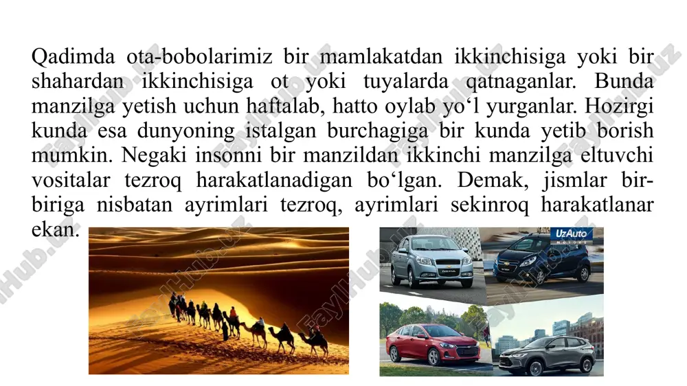 aynida 80 km yo‘l bosib o‘tiladi. agar 1 km = 1000 m va 1 soat = 3600 s ekanligi hisobga olinsa: avtomobil tezligi 72 km/hbo‘lsa, uni m/s larda quyidagicha ifodalanadi: 72 km/h=72(1000 m)/(3600 s)=20 m/s prezentatsiya powerpoint prezentatsiya powerpoint prezentatsiya powerpoint prezentatsiya powerpoint prezentatsiya powerpoint jismning havosiz joyda faqat yerning tortishi ta’siridagi yer tomon harakati erkin tushish deb ataladi. jismning erkin tushishi to‘g‘ri chiziqli tekis o‘zgaruvchan harakatga yaqqol misol bo‘ladi. ma’lum bir balandlikdan qo‘yib yuborilgan sharcha tekis tezlanuvchan harakat qilib, uning tezligi har sekundda 9,81 m/s2 ga ortib boradi erkin tushayotgan jismning tezlanishi o‘zgarmas bo‘lib, bu kattalik erkin tushish tezlanishi deb ataladi va g harfi bilan belgilanadi. bunda:g = 9,81 m/s2=10 m/s2 prezentatsiya powerpoint prezentatsiya powerpoint adabiyotlar. 1.abduraxmanov k.p, egamov u , “fizika” darslik, toshkent, 2010.. 2. abduraxmonov u, boymuratov f.t, begmatova d.a. “ fizika” fanidan o'quv uslubiy majmua, toshkent, 2016. 3. douglas c. giancoli. physics: prinsiples with applications, prentise …