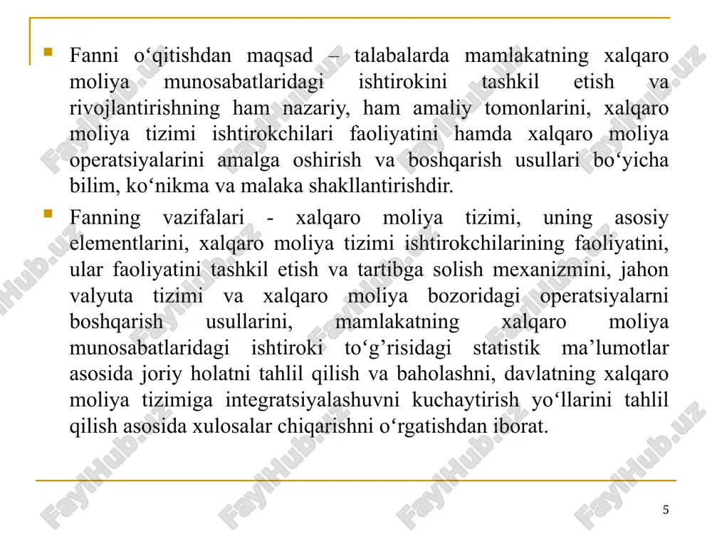 qtisodiyotining ob’ektiv qonuniyatlariga boʻysunuvchi xalqaro moliya munosabatlari orqali oʻzaro bog’liq milliy iqtisodiyotlar yig’indisi sifatidagi global iqtisodiy tizimdir. jahon xoʻjaligining barqaror rivojlanishida alohida olingan milliy iqtisodiyotlar holati muhim oʻrin tutadi. chunki, milliy iqtisodiyotlar jahon iqtisodiyotining asosiy sub’ekti hisoblanadi. * * mamlakatning xalqaro moliya munosabatlaridagi ishtirokining kuchayishida xalqaro moliya munosabatlarini amalga oshirish mexanizmlarini samarali tarzda tashkil etish bilan uzviy bog’liqdir. ta’kidlash joizki, xalqaro moliya munosabatlarining predmeti ikkita muhim tarkibiy qismni oʻziga qamrab oladi, ya’ni xalqaro moliyaviy munosabatlar va ularni amalga oshirish mexanizmi. xalqaro moliya munosabatlari mexanizmiga huquqiy normalar va ularni amalga oshirish vositalari (shartnomalar, kelishuvlar, bitimlar, rezolyutsiya va konventsiya) xalqaro iqtisodiy munosabatlarni rivojlantirishga qaratilgan yoʻl-yoʻriqlarni amalga oshirishni muvofiqlashtiruvchi xalqaro moliya tashkilotlari kiradi. xalqaro moliya munosabatlari rivojlanishining milliy iqtisodiyotga ta’siri quyidagi muhim xususiyatlar orqali namoyon boʻladi: moliyaviy globallashuv jarayoni. iqtisodiy integratsion hudud va birlashmalarning tashkil topishi. transmilliy korporatsiyalar va transmilliy banklar rolining ortib borishi. mamlakatlarda tashqi iqtisodiy faoliyatning erkinlashtirilishi. tashqi iqtisodiy aloqalarning xalqaro …