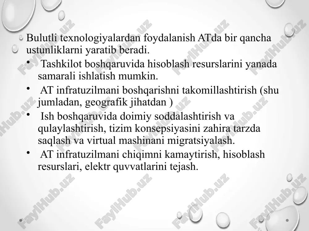 ion tizim bilan mos kelishi. hujjat formatlari bilan mos kelishi. iste’molchilarning bir guruh bo’lib ishlashidagi qulayliklari. bulutli hisoblashlarda fayllardan erkin foydalanish imkoniyati mavjudligi. tabiiy resurslardan foydalanishni kamaytirish. ma’lumotlarni yoqolishiga bardoshligi. kamchiliklari: doimiy internet tarmog’i bilan aloqada bo’lishi lozim. ishlash tezligi sekinligi. ko’pgina bulutli servislar to’la qonligicha ishlashlari uchun normal internet - ulanishni talab qiladi. dasturlarni sekin ishlashi va to’iq funksional imkoniyatlarga ega bo’lmagan xolda. bir necha dasturlar bulutli tizimlarda sekin ishlashlari mumkin lokal kompyuter tizimiga qaraganda. ma’lumotlar xavfsizligiga xavf borligi. iste’molchilar tomonidan bulut texnologiyalariga qo’yilgan har bir ma’lumot xavfsizligi xavf ostida bo’lishi mumkin. lekin bunda birinchi masala provayderga is’temolchining ishonish muxim o’rinda turadi. agar bulutli texnologiyalar provayderi ma’lumotlar almashishini ishonchli shifrlasa, zahira nusxalasa va bulutli texnologiyalar soxasi bozorida o’ziga yarasha tajribaga ega bo’lsa bu holda xavfsizlik borasida muomolar tug’ilmaydi. fakt sifatida shuni aytish mumkinki bulutda yo’qolgan ma’lumotlarni qaytarish mumkin emas. taqdimlash modellari so’nggi yillarda, bu mavzu it-sohasida eng mashhur biriga …