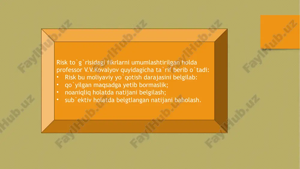 rasida quyidagilarni keltirib o`tishimiz mumkin: -bazel i, bazel ii, bazel iii - banklarning operatsion riski uchun kapitalining yetarlilik darajasini ochib beruvchi standartlar • cca (sabab-oqibatlar tahlili) - fta va eta; • cla (checklist tahlili).-aaniqlash va riskni baholashda ilmiy modellashtirish tuzilmalari • coria (core impact baholash); • cpqra (kimyoviy jarayonlar miqdoriy risklarini tahlili);• cramm (ccta risklarni tahlili va boshqarish usuli); • chr (doimiy riskni yaxshilash); • eta (voqealar daraxti tahlili); • ewrm (enterprise-wide risklarni boshqarish); • fta (xato daraxti tahlili); • hra (inson ishonchliligi tahlili); • pha (dastlabki risk-tahlili); • ppap (ishlab chiqarish jarayoni tahlili). • risklarda sodir bo`lish ehtimolligi bo`yicha usullar• ripran (loyiha riski tahlili); • rr (nisbiy risklilik tahlili); • sa (risksizlik auditi) operativ boshqarish - bu yuzaga kelgan hodisalarni mantiqiy tomondan o`ylab o`tirmasdan, qisqa vaqtda shu muammoni yechishni to`g`ri yo`lini topishdir. aniqlik – bu riskli munosabatlarda yuzaga kelgan aniq muammolarni yechish tushuniladi.riskning ta`siriga yuqoridagi ikki muhim yo`nalishdagi uslub …