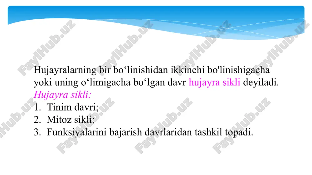 d dezoksiribonuklein kislotasi (dnk) va oqsil gistonlardan tashkil topgan. bundan tashqari, xromosomada rnk, kalsiy,magniy, temir ionlarining birmuncha miqdori va gistonsiz oqsillar ham mavjud. somatik hujayralarda xromosomalar soni jinsiy hujayralardagi xromosomalar soniga nisbatan ikki marta ko‘p. chunki ular miqdorining yarmi ona jinsiy hujayralaridan, yarmisi ota jinsiy hujayralaridan o‘tgan. somatik hujayradagi xromosomalar soni diploid to‘plam deyiladi va 2n bilan belgilanadi. jinsiy hujayralardagi xromosomalaming soni gaploid to‘plam deyiladi va n bilan ifodalanadi. diploid to‘plamdagi morfologik jihatdan bir-biridan farq qilmaydigan juft xromosomalar gomologik xromosomalar deb ataladi. kariotip — u yoki bu turdagi organizm som atik hujayralardagi xromosomalarning soni, hajmi, shaklini ifodasi. har bir turning somatik hujayralaridagi xromosomalaming katta kichikligi, shaklining grafik tasviri idiogramma nomini olgan. mitozning biologik ahamiyati hujayrada irsiy moddaning yangi hujayralarga o’tkazlishi irsiy moddalarning yangi hujayralarga teng taqsimlanishi organizmlar o’sishi? rivojlanishi, regenerasiyalanishini ta’minlaydi meyoz-jinsiy hujayralarning hosil bolish usuli. toshkent shahridagi yodju texnika institutu kimyo va biologiya kafedrasi “genetika asoslari va bolaning rivojlanishida …