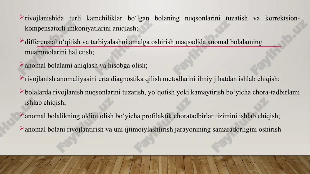 inlovchi differensial ta’lim tizimi bo‘lib, uning asosiy vazifasi bola rivojlanisbining umumiy darajasini oshirishga qaratilgan bilimlami tizimlashtirish, uning rivojlanishi va o‘qishidagi kamchiliklami yo‘qotish, zaruriy ko‘nikma va malakalamishakllantirish hamda bolaning idrok etish borasidagi kamchiliklami tuzatishdir. nazorat uchun savol va topshir1qlar 1. korrektsion pedagogika fani nimani o‘rganadi? 2. korrektsion pedagogika fani yana qanday nomlar bilan ataladi? 3. korrektsion pedagogikaning qanday sohalari mavjud? 4. korrektsion pedagogikaning asosiy vazifalariga nimalar kiradi? 5. korrektsion pedagogikaning asosiy kategoriyalariga nimalar kiradi? 6. anomal bilan olib boriladigan korrektsion ishning asosiy yo‘nalishlariga nimalar kiradi? image2.png image1.jpg /docprops/thumbnail.jpeg