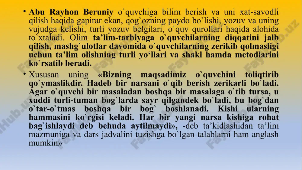 boshlang‘ich ta’lim pedagogikasi fanining tarixi. abdulla avloniyning ta’limiy-axloqiy asarlari, xususan, «turkiy guliston yoxud axloq» asari, «birinchi muallim», «ikkinchi muallim» darsliklaridagi ixcham hikoyalari bugungi kun yosh avlod tarbiyasi uchun g`oyat dolzarbdir. uning pand-nasihat, ibrat turkumidagi hikoyalari va asarlari yosh avlod tarbiyasida muhim o`rin tutadi. jumladan, u «turkiy guliston yoxud axloq» asarida badan tarbiyasiga e’tiborni qaratar ekan, shunday deydi: «badanning salomat va quvvatli bo`lmog`i insonga eng kerakli narsadir. chunki, o`qimoq, o`qitmoq, o`rganmoq va o`rgatmoq uchun insonga kuchlik, kasalsiz jasad lozimdur». tarixga nazar tashlaydigan bo`lsak, yuqoridagi qayd etilgan davrlarda doimo yurtimizda qahramonlar, olimlar, allomalar, donishmandlar bo`lgan va ular taraqqiyparvar, bunyodkor, ma’rifatparvar, ma’naviyalli hamda fidoyi insonlar bo`lgan. buni mustaqillik davrida yanada yaqqolroq sezish mumkin. professor mirsodiq is’hoqovning tadqiqot ishlarida o’rta osiyo xalqlari tomonidan bundan 2800 yillar muqaddam alifbolar yaratila boshlangan. «bu yuksak madaniy hodisa shundan dalolat beradiki, qadim ajdodlarimiz inson nutqining tabiatini yaxshi bilgan. yozuvni yaratish yo’li bilan jamiyatning ma’naviy zaxiralarini matnda aks ettirish, …