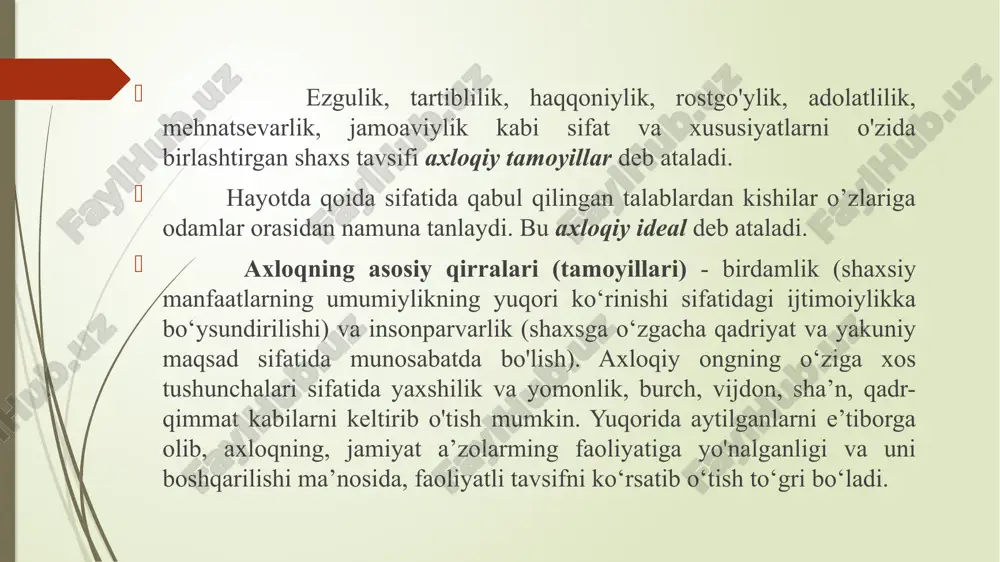 unosabatlarinmg o‘rnatilishi, dialog nuqtai nazariga muvofiq tarzda shunday xulosaga kelindiki, ma’naviy-axloqiy tarbiyaning muvaffaqiyatli bo‘lishi uchun psixik jarayonlarga (innotivasiya, anglash, interiorizasiya va boshqalar) tashqi ta’sirlar ichki, individual-shaxsiyga organik va mustahkam aylanadigan pedagogik shart-sharoitlarni yaratish zarur. 3.ma’naviy-axloqiy tarbiya metodlari. ma’naviy-axloqiy tarbiya metodlarini shartli ravishda quyidagicha tasnif etish mumkin: ma’naviy-axloqiy ongni shakllantirish metodlari: hikoya, tushuntirish, etik suhbat, izohlash, nasihat, o‘git, ko‘rsatma, namuna va boshqalar. ma’naviy-axloqiy xulq-atvorni shakllantirish metodlari: mashq, o’rgatish, pedagogik talab, tarbiyalovchi vaziyat, topshiriq va hakozolar. ma’naviy-axloqiy motivasiyani hosil qilishga doir metodlar: rag‘batlantirish, musobaqa, tanbeh berish kabilar. e’tiboringiz uchun raxmat! image1.png image2.png image3.png image4.png /docprops/thumbnail.jpeg