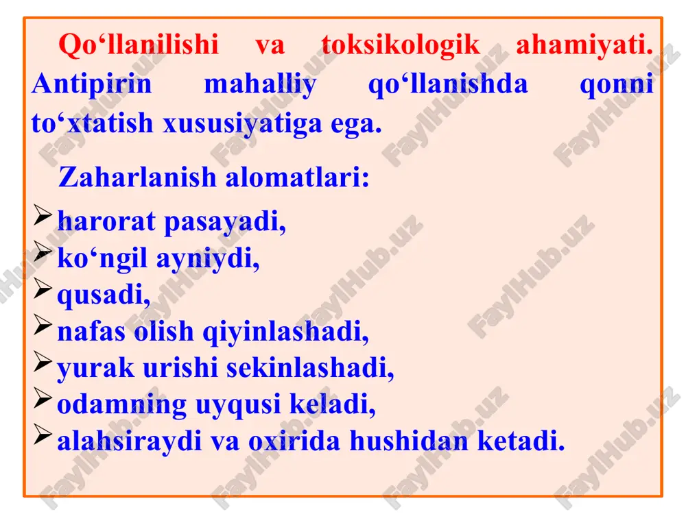 olish: nordonlashtirilgan suv yoki spirt yordamida kislotali va ishqoriy muhitda ajratib olinadi. chinligini aniqlash i-kimyoviy usullarda tahlili 1. alkaloidlar kabi cho‘ktiruvchi reaktivlar bilan cho‘kma hosil qiladi. 2. benzoxinon bilan qizil olcha rangli mahsulot hosil qiladi. 3. temir- (iii) xloridi bilan rangli mahsulot hosil qiladi. analginning gidrolitik parchalanishi: 4. nessler reaktivi bilan qizil-sariq rangli cho‘kma beradi. 5. kjo3 bilan qizil rang ortiqcha reaktiv qo‘shilsa to‘q qizil rang va qo‘ng‘ir rangli cho‘kma hosil qiladi. 6. xloramin b ishtirokida sariq rang hosil bo‘ladi. ii-fizik kimyoviy usullarda tahlili 1. yuqx tahlili: plastinka - slikagel g, qatlam qalinligi (q\q) 250 mkm. qo‘zg‘aluvchi faza - metanol- 25% ammiak (100:1,5) ; ochuvchi reaktiv - dragendorf reaktivi 0,84 qo‘ng‘ir rangli dog‘ hosil bo‘ladi 2. gaz xromatografik tahlili: kolonka - uzunligi 2 m, ichki diametri 2 mm bo‘lgan shisha kolonka ichi 3% se-30 xromosorb g-hp bilan to‘ldirilgan; qo‘zg‘aluvchi faza - azot, tezligi 45 ml/daq; kolonka harorati – 100 ºs …