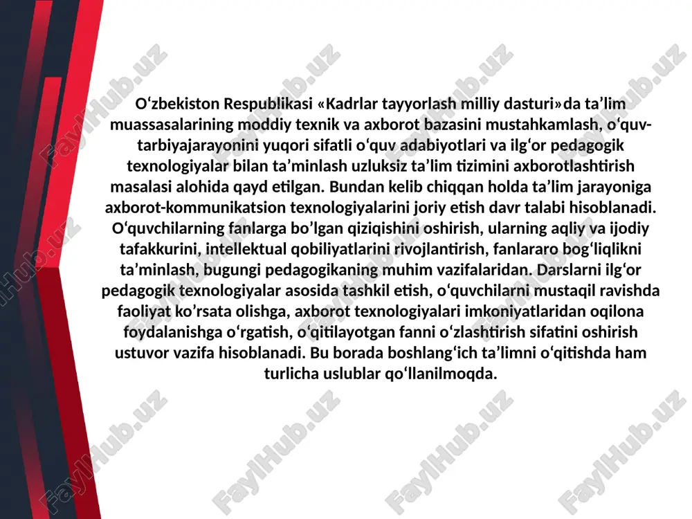 mkin. elektron darslikda fanning o‘quv materiallari o‘quvchiga interfaol usullar bilan, psixologik va pedagogik jihatlar, zamonaviy axborot texnologiyalari, audio va video animatsiyalar imkoniyatlaridan o’rinli foydalaniladi boshlang’ich sinflarda axborot texnalogiyalari o‘quvchilar mantiqiy tafakkur yuritish ko‘nikmalariga ega bo‘lishlarida ushbu metod alohida ahamiyatga ega. uni qo‘llashda quyidagi harakatlar amalga oshiriladi: o‘rganilayotgan mavzu mohiyatini ochib berishga xizmat qiluvchi tushunchalar tizimini shakllantirish; hosil bo‘lgan tizimdan mavzuga taalluqli bo‘lgan to‘rtta (beshta, oltita, ...) va taalluqli bo‘lmagan bitta tushunchaning o‘rin olishiga erishish; o‘quvchilarga mavzuga taalluqli bo‘lmagan tushunchani aniqlash va uni tizimdan chiqarish vazifasini topshirish; o‘quvchilarni o‘z harakatlari mohiyatini sharhlashga undash (mavzuni mustahkamlash maqsadida o‘quvchilardan tizimda saqlanib qolgan tushunchalarga ham izoh berib o‘tishlari hamda ular o‘rtasidagi mantiqiy bog‘liqlikni asoslashlarini talab etish lozim). mazkur metod o‘quvchilardan o‘rganilayotgan mavzu (yoki bo‘lim, bob) yuzasidan tahliliy mulohaza yuritish, shuningdek, eng muhim tayanch tushunchalarni ifodalay olishni talab etadi. boshlang’ich sinflarda axborot texnalogiyalari kompyuterning o’qituvchilik vazifasini bajarishi quyidagi jarayonlarda namoyon bo’ladi:  o’quv axborotining manbai …