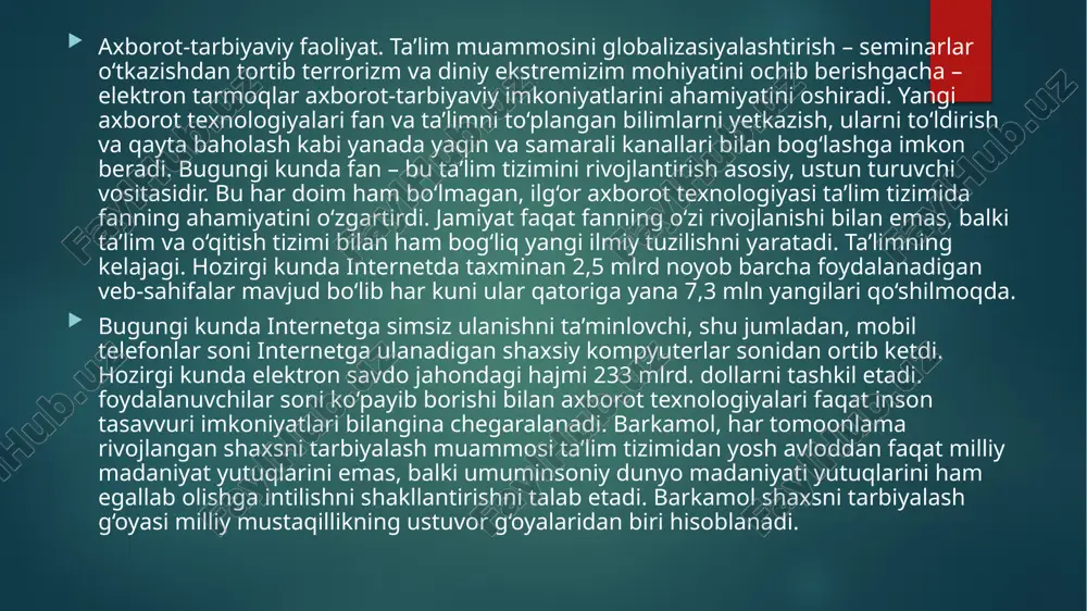 i. www.arxiv.uz registr - ma`lumotlarni ikkilik shaklida vaqtinchalik saqlab turish uchun mo'ljallangan qurilma. har bir registr o'z navbatida triggerlardan tashkil topadi. trigger mitti kondensator bo'lib, u elektr toki bilan zaryadlangan holda - "1", zaryadlanmagan holatda "0" ni ifodalaydi. registrdagi triggerlarning miqdori kompyuterning necha razryadli ekanini belgilaydi. registrlar uyachalar (yacheykalar) deb ham yuritiladi. uyachalarning har bir razryadida bir bit axborot joylashadi, ya`ni 0 yoki 1. 8 bit axborot birlashganda 1 bayt miqdordagi axborotni hosil qiladi. har bir bayt o'z tartib raqamiga, ya`ni adresiga ega bo'ladi. uyachaning sig'imi mashina so'zi uzunligini belgilab beradi. mashina so'zining uzunligi baytlarda o'lchanadi. mashina so'zining uzunligi 2, 4, 8 baytga teng bo'lishi mumkin. demak, ketma-ket joylashgan ikki, to'rt yoki sakkiz bayt birlashib bitta mashina so'zini tashkil etishi mumkin ekan. har bir xotira uyachasi ham o'z adresiga ega, u esa shu uyachadagi boshlang'ich bayt adresi bilan ifodalanadi. tezkor xotira qurilmasining boshqacha nomi - ram (random access memory - …