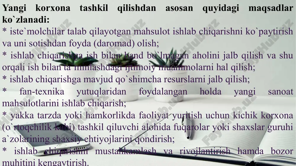 tugatish komissiyasi javobgar hisoblanadi. amaliyotda korxona faqat nizom yoki faqat ta`sis shartnomasi asosida, shuningdek, bir vaqtning o`zida nizom va ta`sis shartnomasiga asosan faoliyat yuritish hollari mavjud. shuni qayd qilib o`tish kerakki, korxonaning (huquqiy shaxsning) ta`sis shartnomasi kelishuv asosida tuziladi, nizom esa ta`sischi (ta`sischilar) tomonidan tasdiqlanadi. bitta ta`sischi tomonidan tuzilgan huquqiy shaxs shu ta`sischi tomonidan tasdiqlangan nizom asosida faoliyat yuritadi. qaysi tarmoqqa qarashliligiga ko`ra korxonalar ishlab chiqarish va noishlab chiqarish (mashinasozlik, ko`mir qazib chiqarish, sug’urta va hokazo) sohalariga mansub bo`lishi mumkin. ishlab chiqarilayotgan mahsulot turi va ko`rinishiga ko`ra, korxonalar sanoat, qishloq xo`jaligi, transport, moliya-kredit va boshqalarga bo`linadi. texnologik umumiyligiga ko`ra, korxonalar ishlab chiqarish jarayonini uzluksiz va diskret ravishda, kimyoviy yoki mexanik jarayonlarning ustunligi asosida yurituvchilarga bo`linadi. tayyor mahsulotning maqsadlariga ko`ra, barcha korxonalar ikkita katta guruhga bo`linadi: ishlab chiqarish vositalarini ishlab chiqaruvchilar va iste`mol mahsulotlarini ishlab chiqaruvchilar. foydalaniluvchi xomashyo turiga ko`ra, sanoat korxonalari qazib chiqaruvchi va qayta ishlovchi korxonalarga taqsimlanadi. yil davomida …