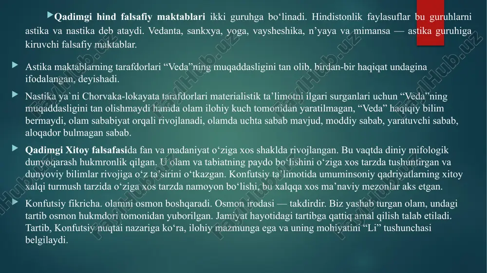 iyo mamlakatlarini aleksandr makedonskiy zabt etgach, 12 ming qaramol terisiga tillo harflar bilan bitilgan ushbu nodir to’plamni yunonistonga olib ketadi. zardushtiylik ta‘limotining markaziy g’oyasi olam bilan odam o’rtasidagi aloqadorlik jarayoni tahliliga qaratilganligi edi. bu ta‘limotga ko’ra, olam borlig’i odam borlig’i bilan bevosita aloqador. odamzod tuproqda vujudga kelib, tuproqqa qaytishi lozim, degan nuqtai nazar zardushtiylik ta‘limotidagi eng muhim g’oyalardan biridir. zardushtiylik ta‘limotiga ko’ra, olam biri-ikkinchisiga qarama-qarshi kuchlar, xususan yaxshilik bilan yomonlik, rostlik bilan yolg’on, yorug’lik bilan zulmat orasidagi kurashga asoslangan. ijtimoiy munosabatlar taraqqiyoti natijasida zardushtiylik ta‘limoti zaminida vujudga kelgan moniy ta‘limotidir. moniy ta‘limotining asoschisi o’sha davrning yirik bilimdoni moniy ibn fatak (216-276) yillarida o’zining qarashlarini targ’ib qilishga erishgan. moniy ta‘limoti zardushtiylikning yaxshilik va yomonlik ta‘limotiga asoslangan, keng xalq ommasi manfaatiga mos kelar edi. shuning uchun o’sha davrdagi xukmron mafkuraning noroziligiga duchor bo’ldi, va xukmron ruhoniylar tomonidan qoralanib, uning asoschisi moniy jazolandi. xullas, eron va turonda qadamiy madaniyat markazlaridan biri bo’lib, bu …